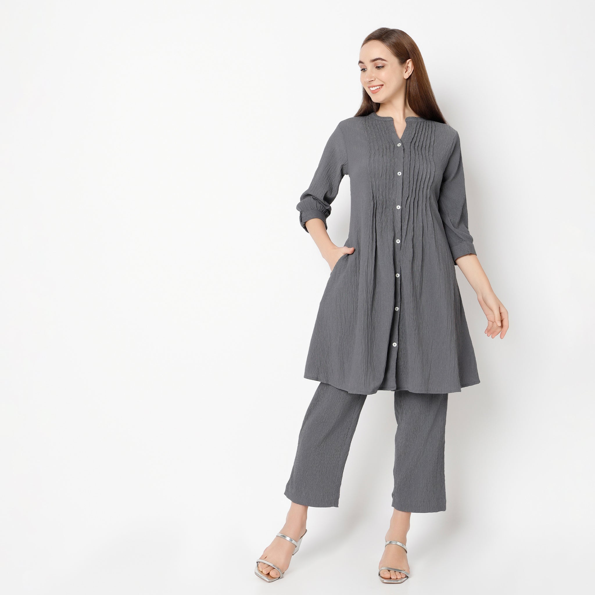 Flare Fit Solid Band Collar Kurta with Pant Set