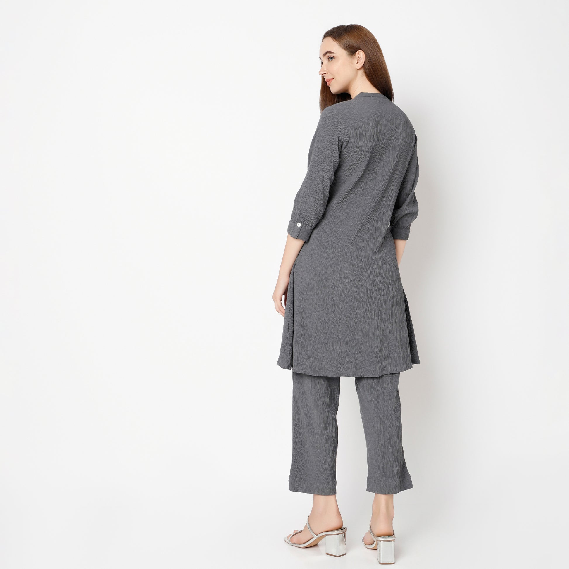 Flare Fit Solid Band Collar Kurta with Pant Set