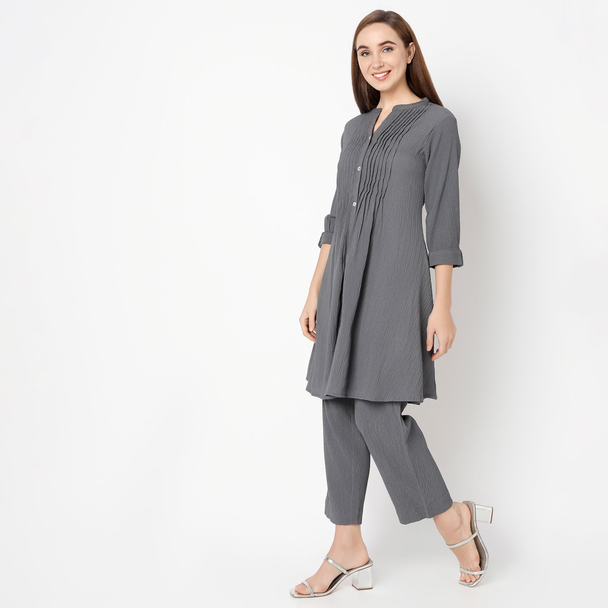 Flare Fit Solid Band Collar Kurta with Pant Set