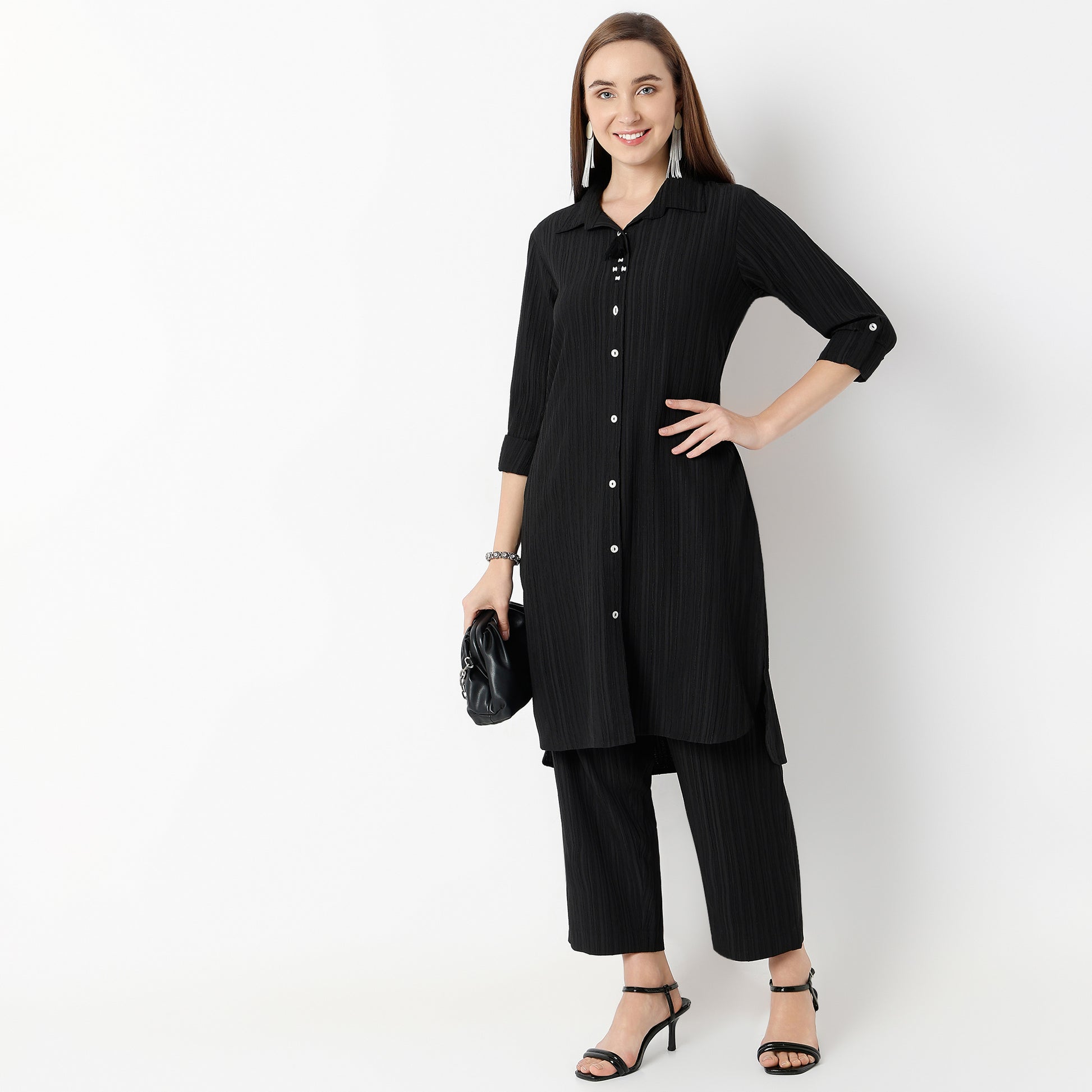 Straight Fit Collar Coordinated Code Kurta with Pant Set