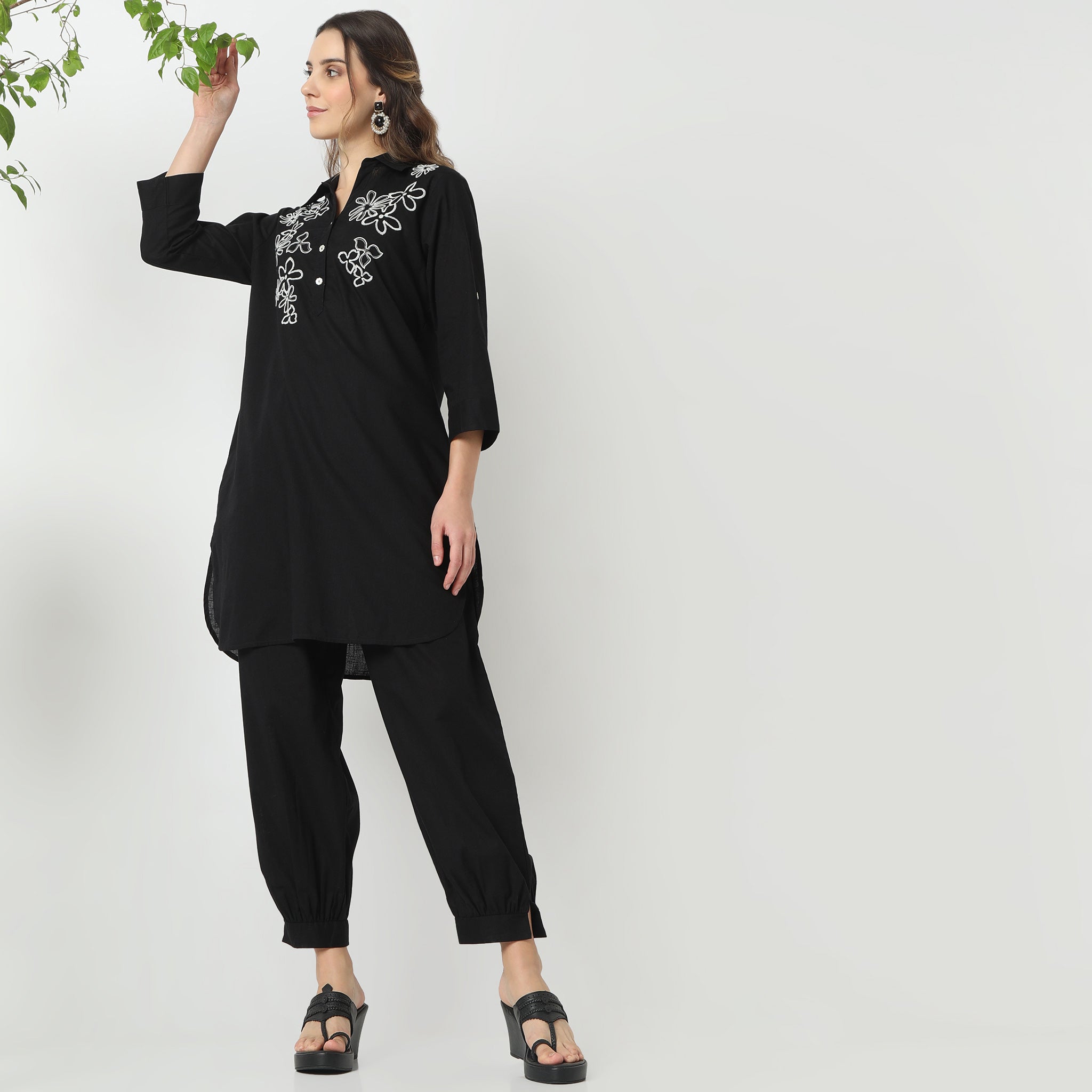 Straight Fit Embroidered Shirt Collar Kurta with Pant Set