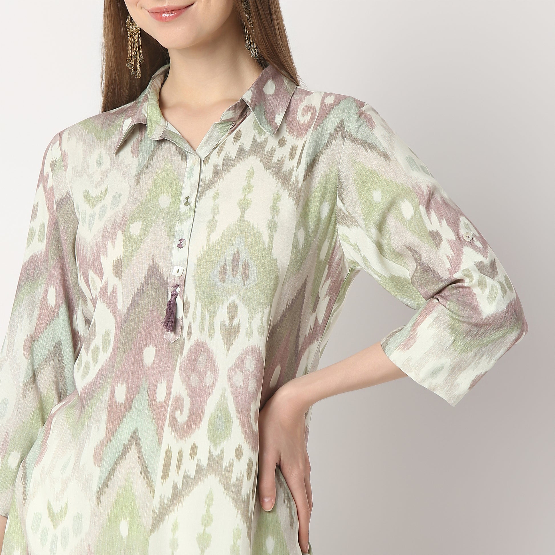 Straight Fit Printed Shirt Collar Kurta with Pant Set