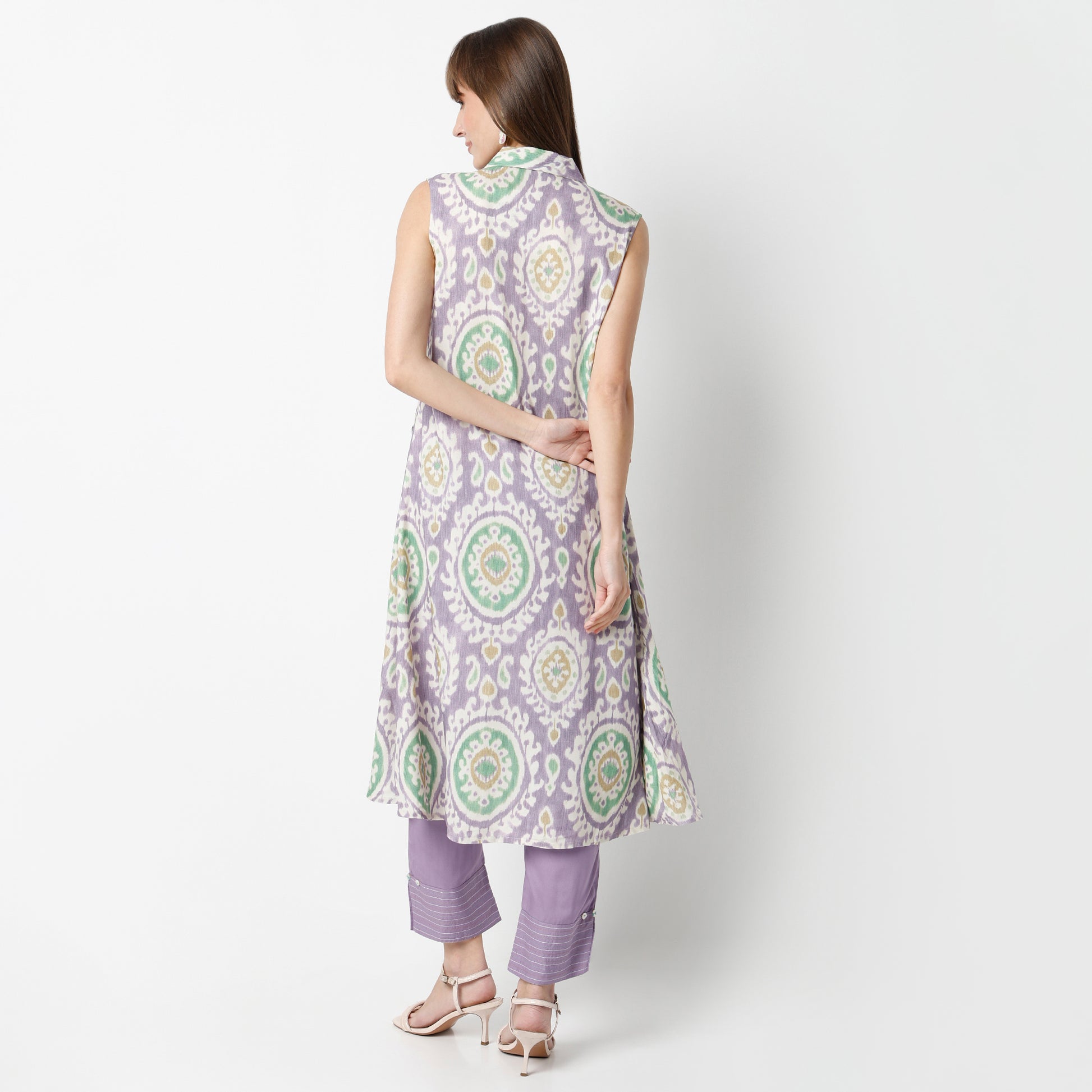 Flare Fit Printed Lapel Collar Kurta with Pant Set