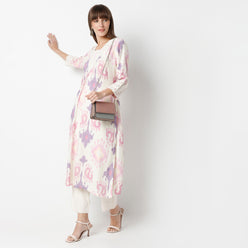 Straight Fit Printed V Neck Kurta with Pant Set