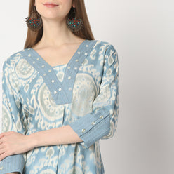 Flare Fit Printed V Neck Kurta with Pant Set