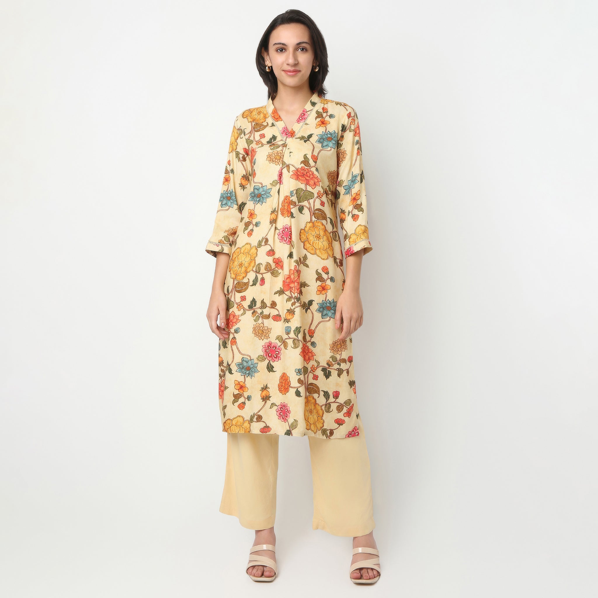 Straight Fit Printed Below Knee V-Neck Kurta With Pant Set