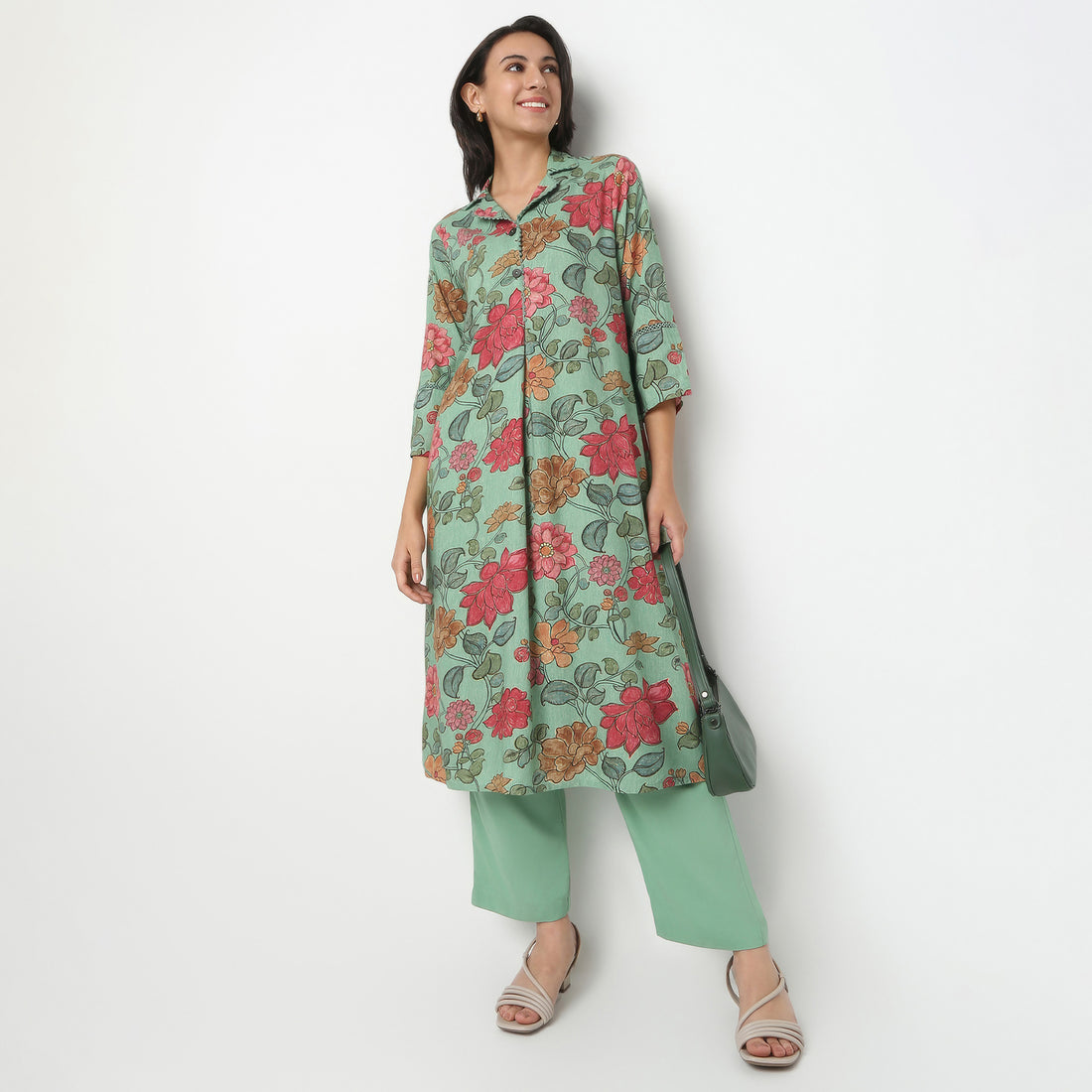 Printed Camp Collar A-Line Flared Kurta With Pant Set