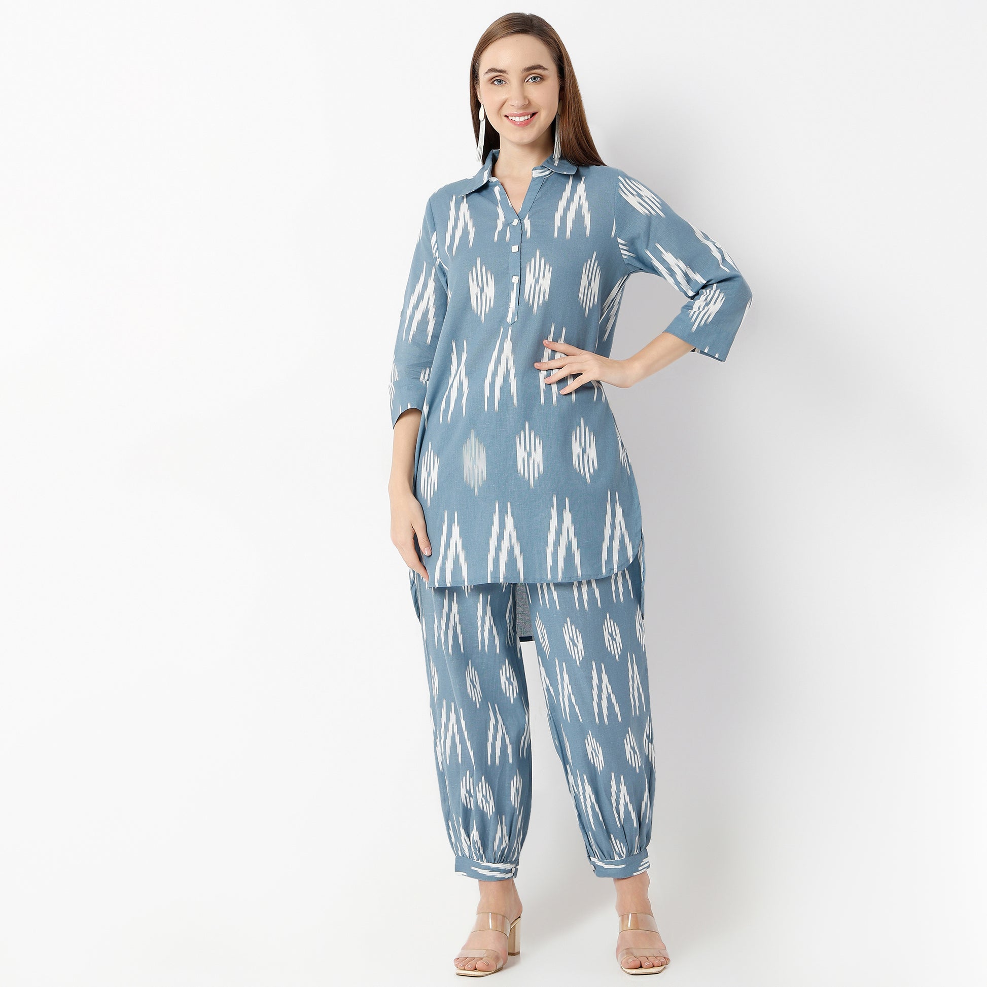 Straight Fit Printed Shirt Collar Kurta with Pant Set