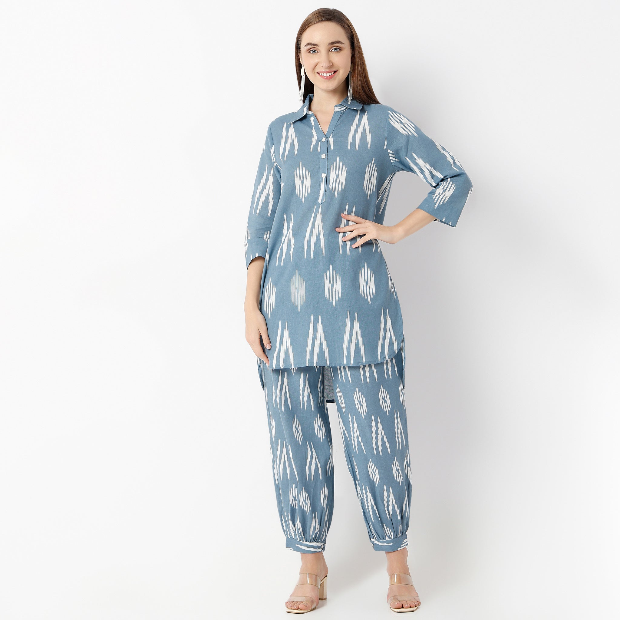 Straight Fit Printed Shirt Collar Kurta with Pant Set