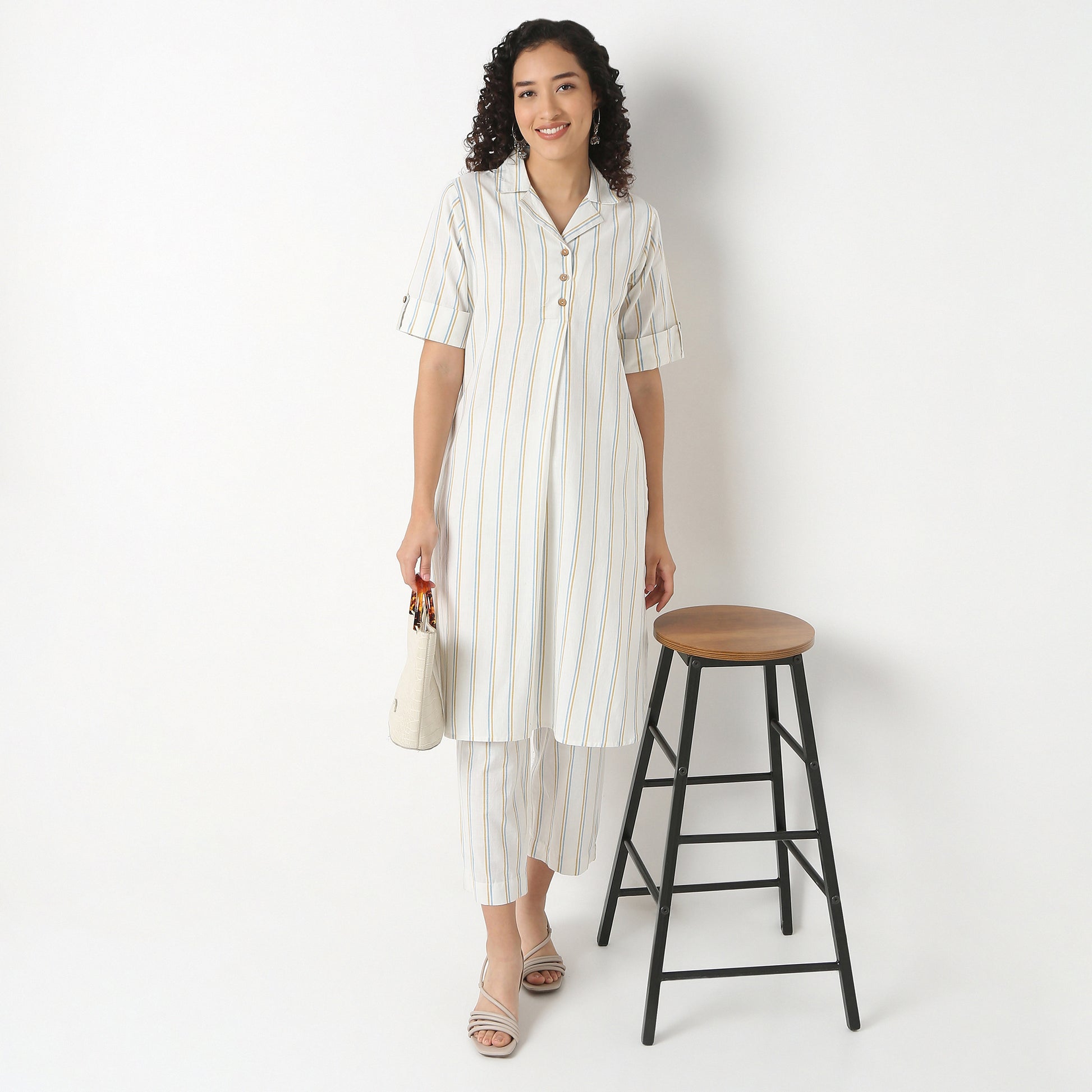 Striped Lapel Collar Kurta With Pant Set