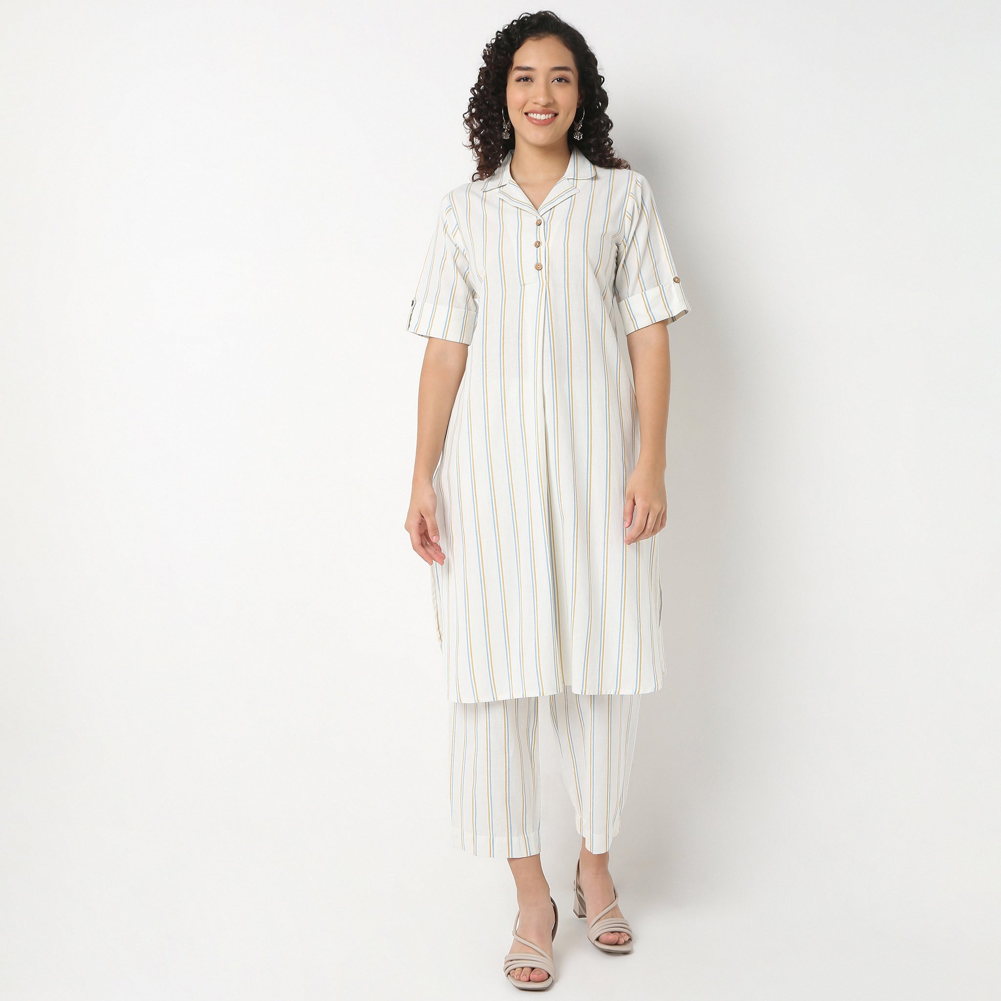 Striped Lapel Collar Kurta With Pant Set