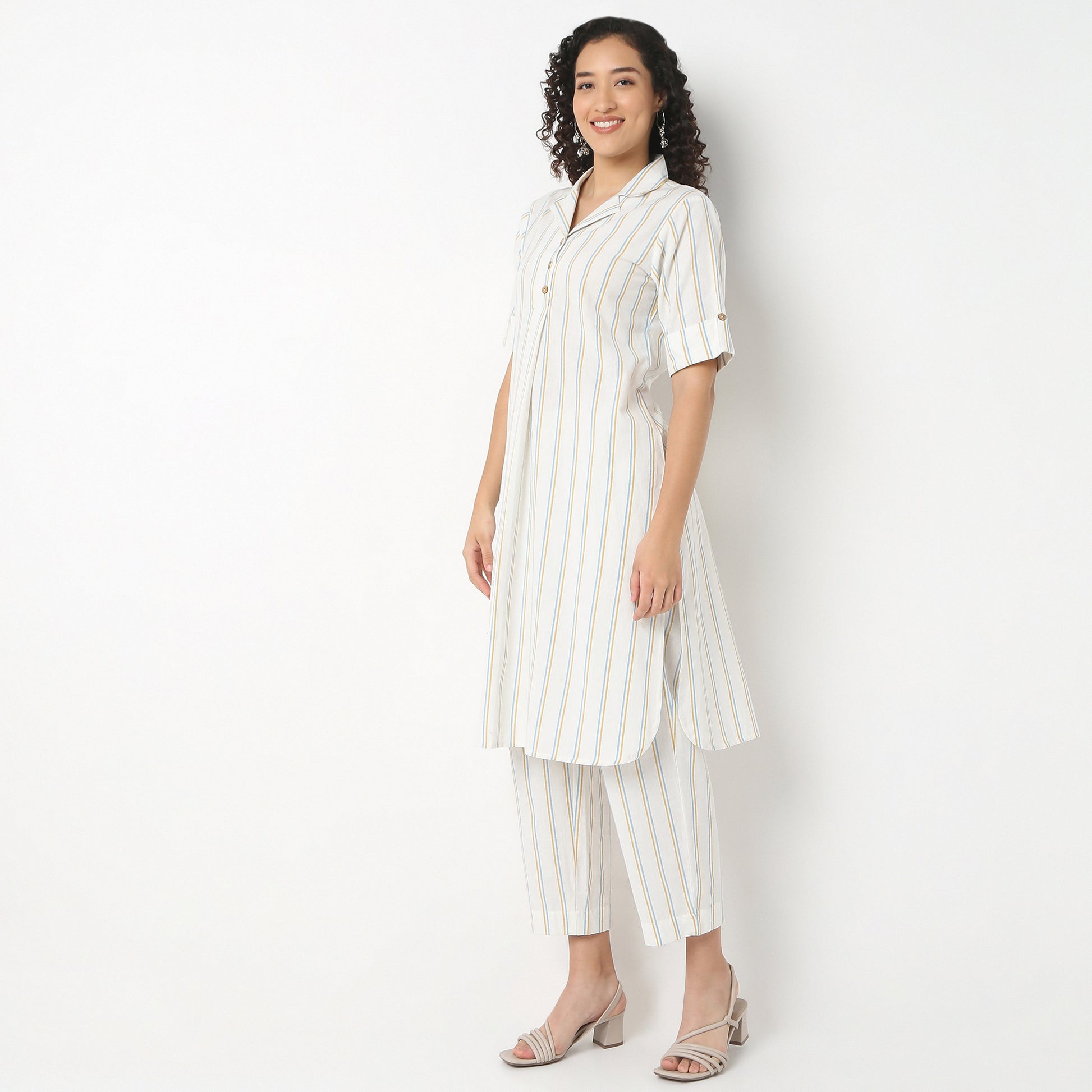 Striped Lapel Collar Kurta With Pant Set
