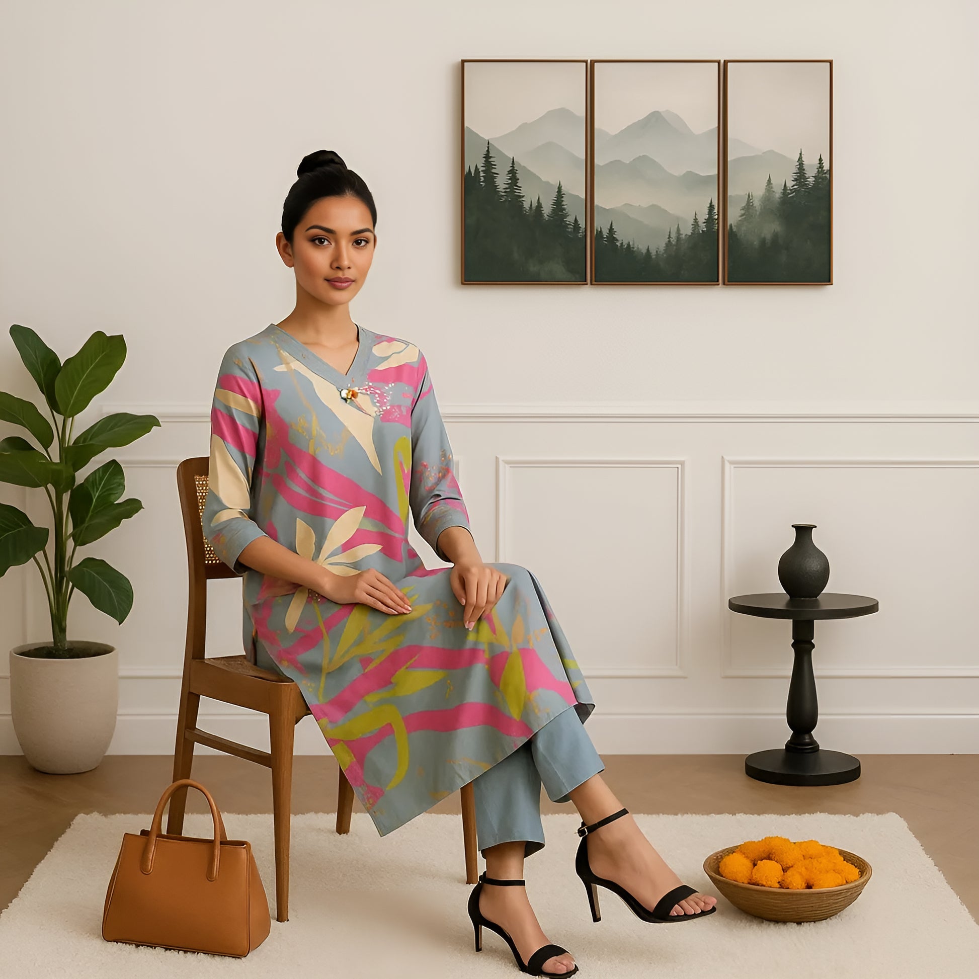 V-Neck Cotton Kurta and Pant Set