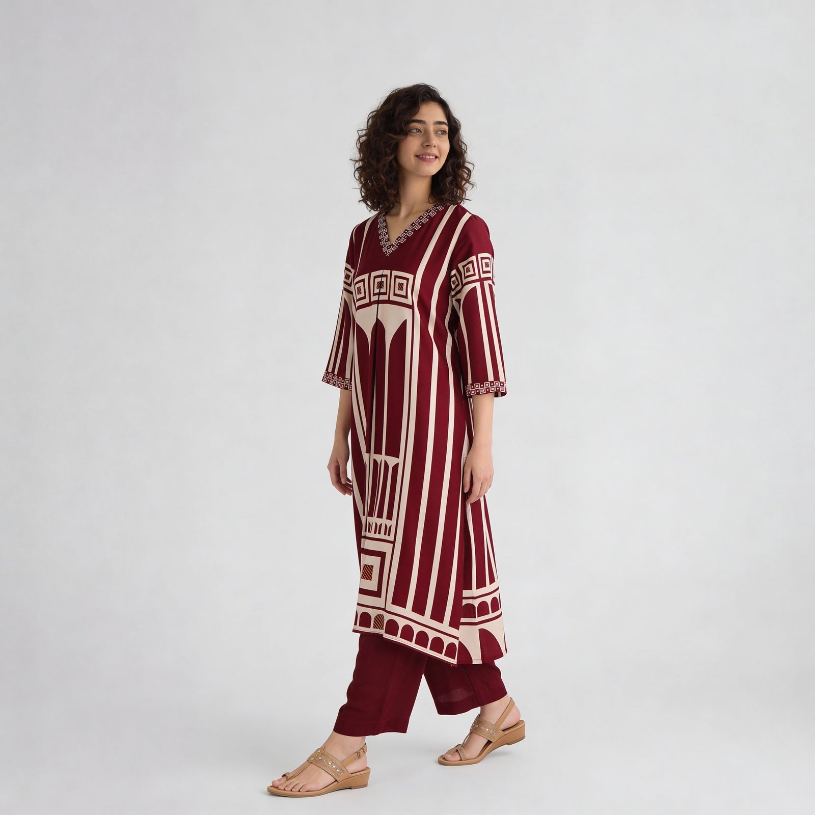 Printed V-Neck A-Line Kurta with Pant Set