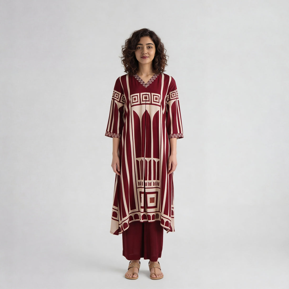 Printed V-Neck A-Line Kurta with Pant Set