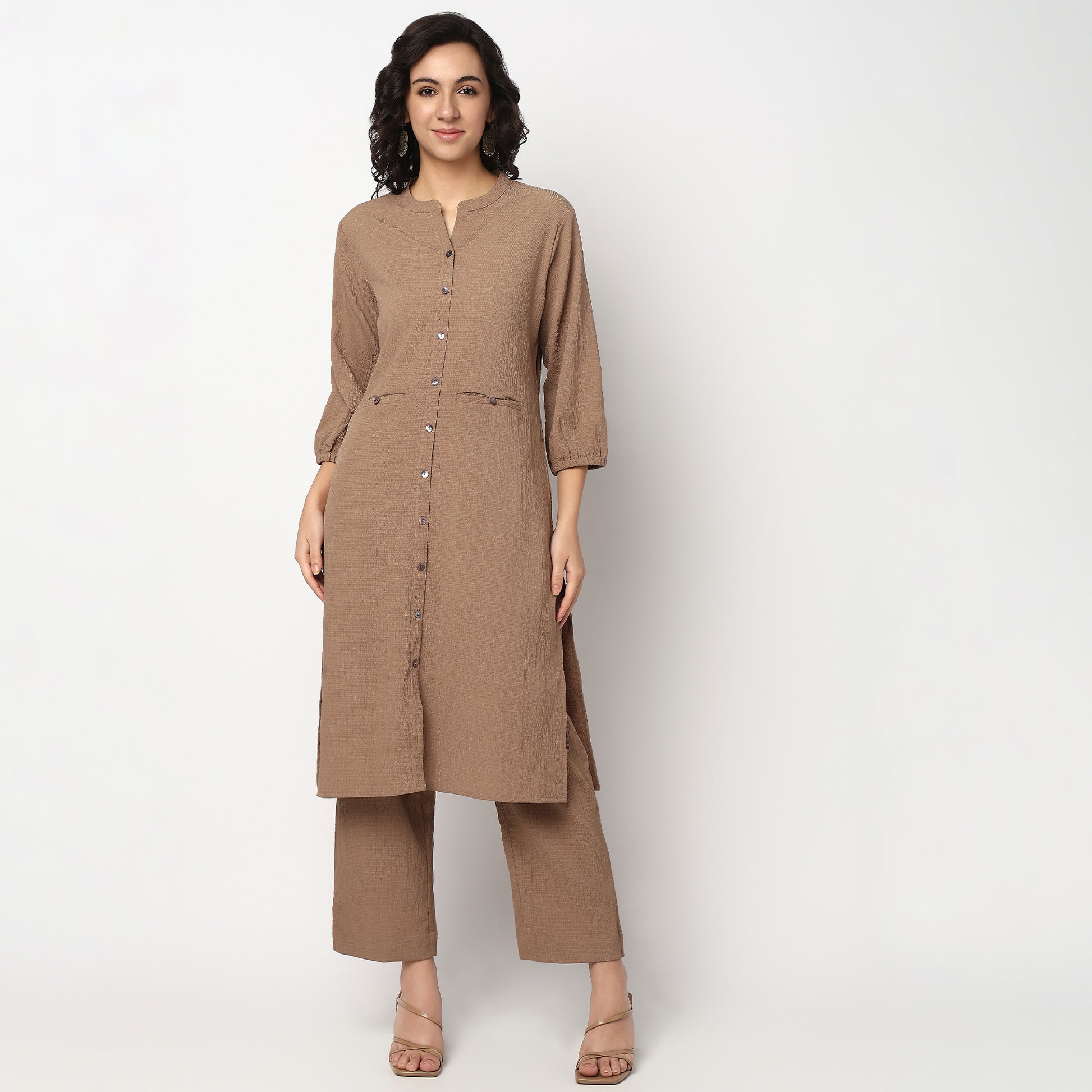 Buy Women Straight Fit Solid Three-Fourth Sleeve Kurta with Pant Set  - Style Union