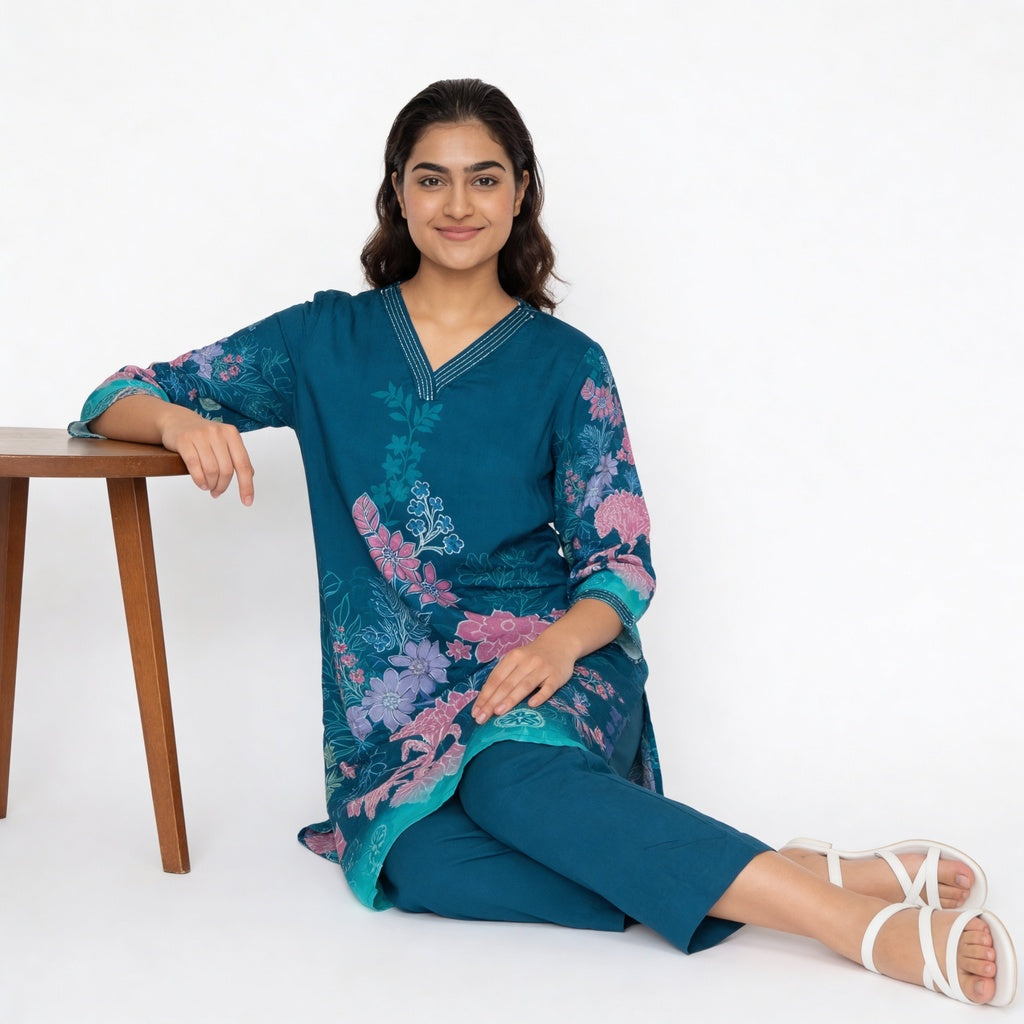 Printed V-Neck Kurta with Pant Set