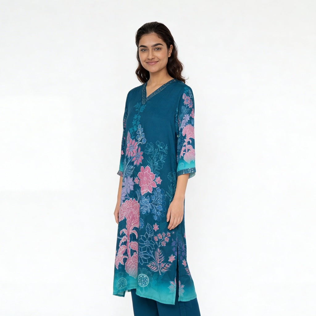 Printed V-Neck Kurta with Pant Set