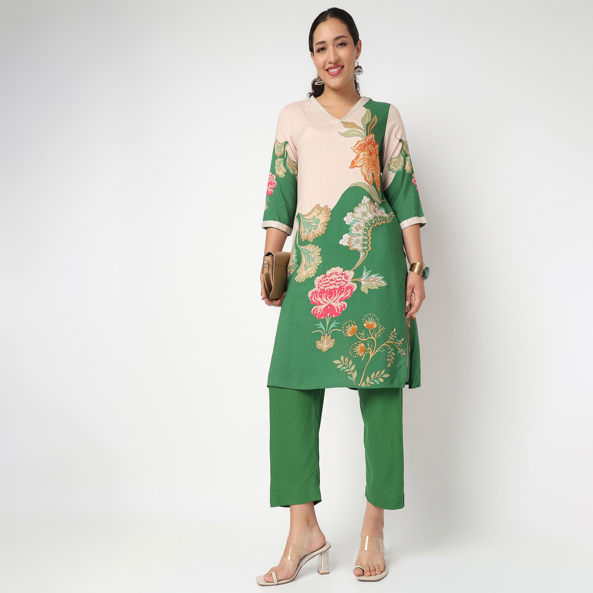 Printed V Neck Kurta and Pant Cord set