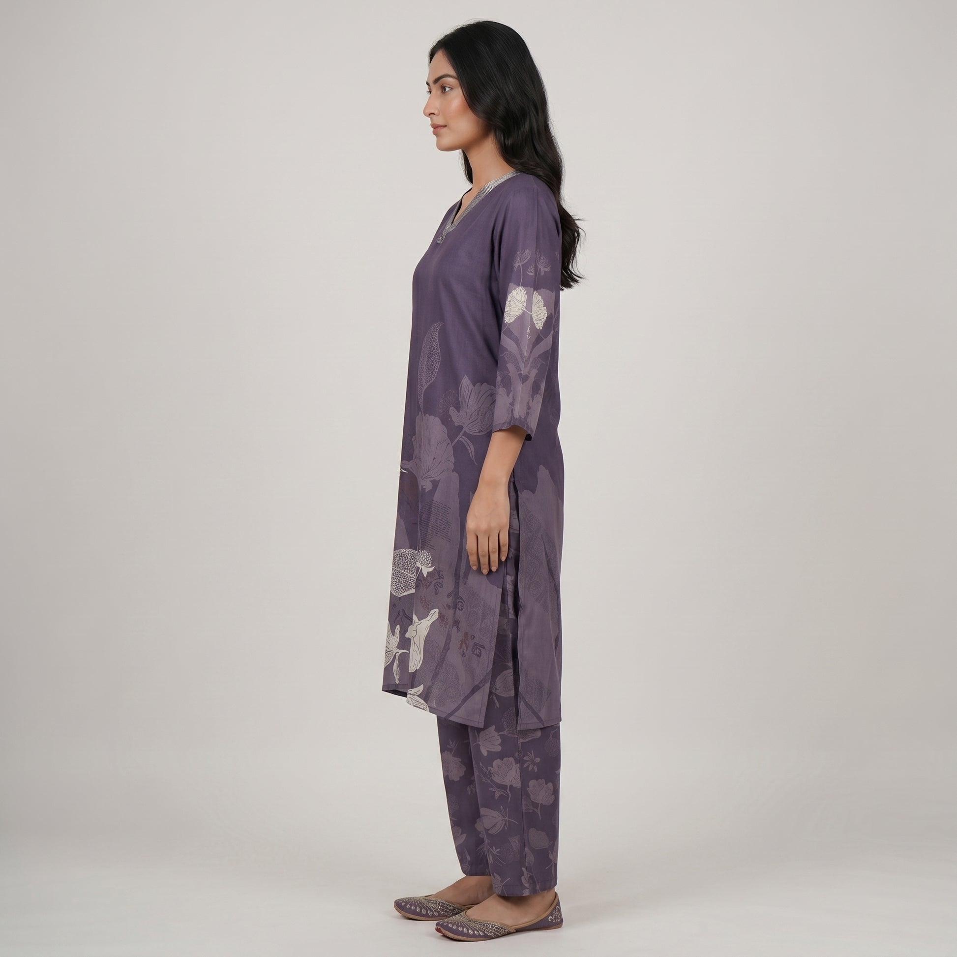 Printed V-Neck Kurta with Pant Set