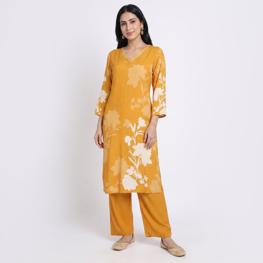 Printed V-Neck Kurta with Pant Set