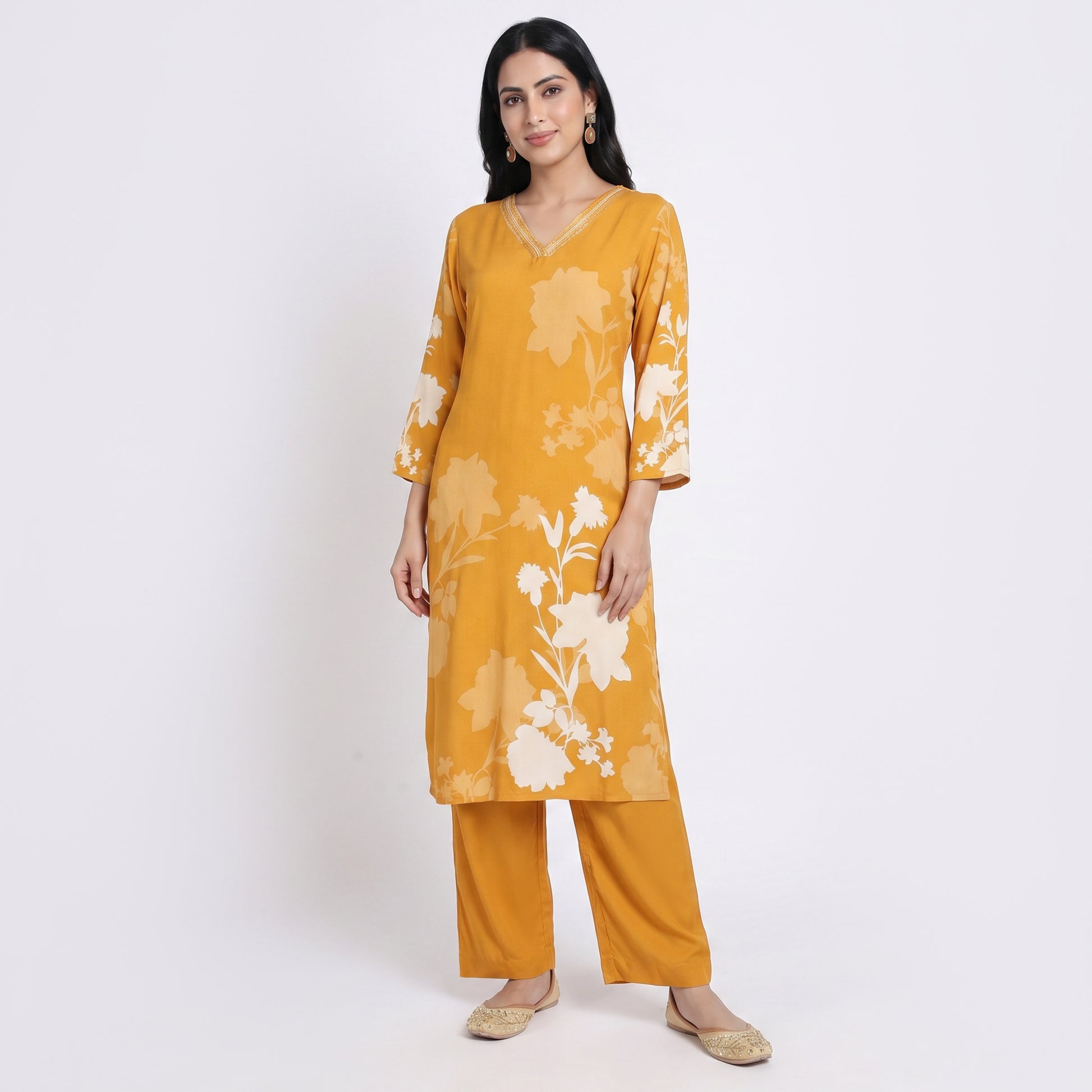 Printed V-Neck Kurta with Pant Set
