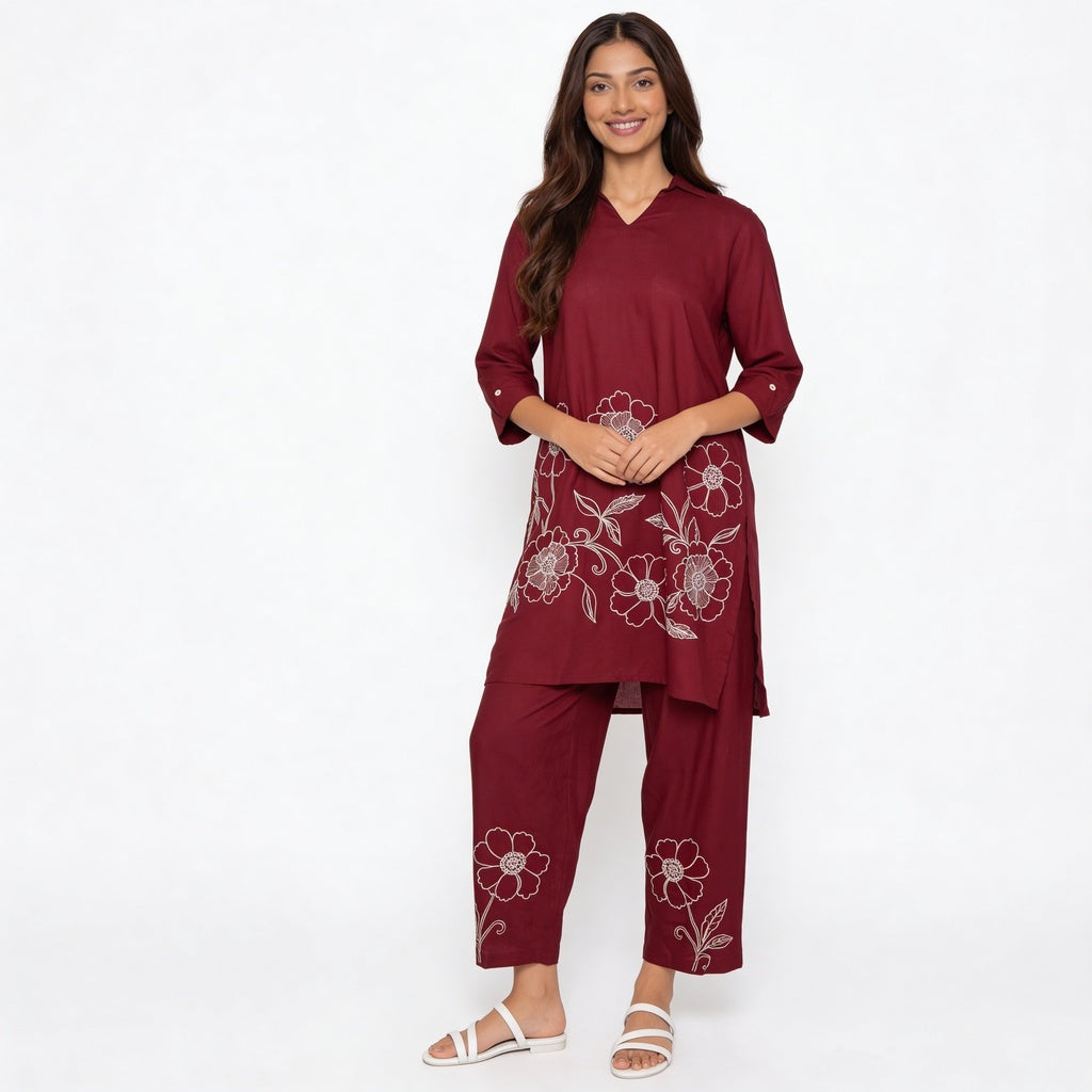 Embroidered Collar Kurta with Pant Set