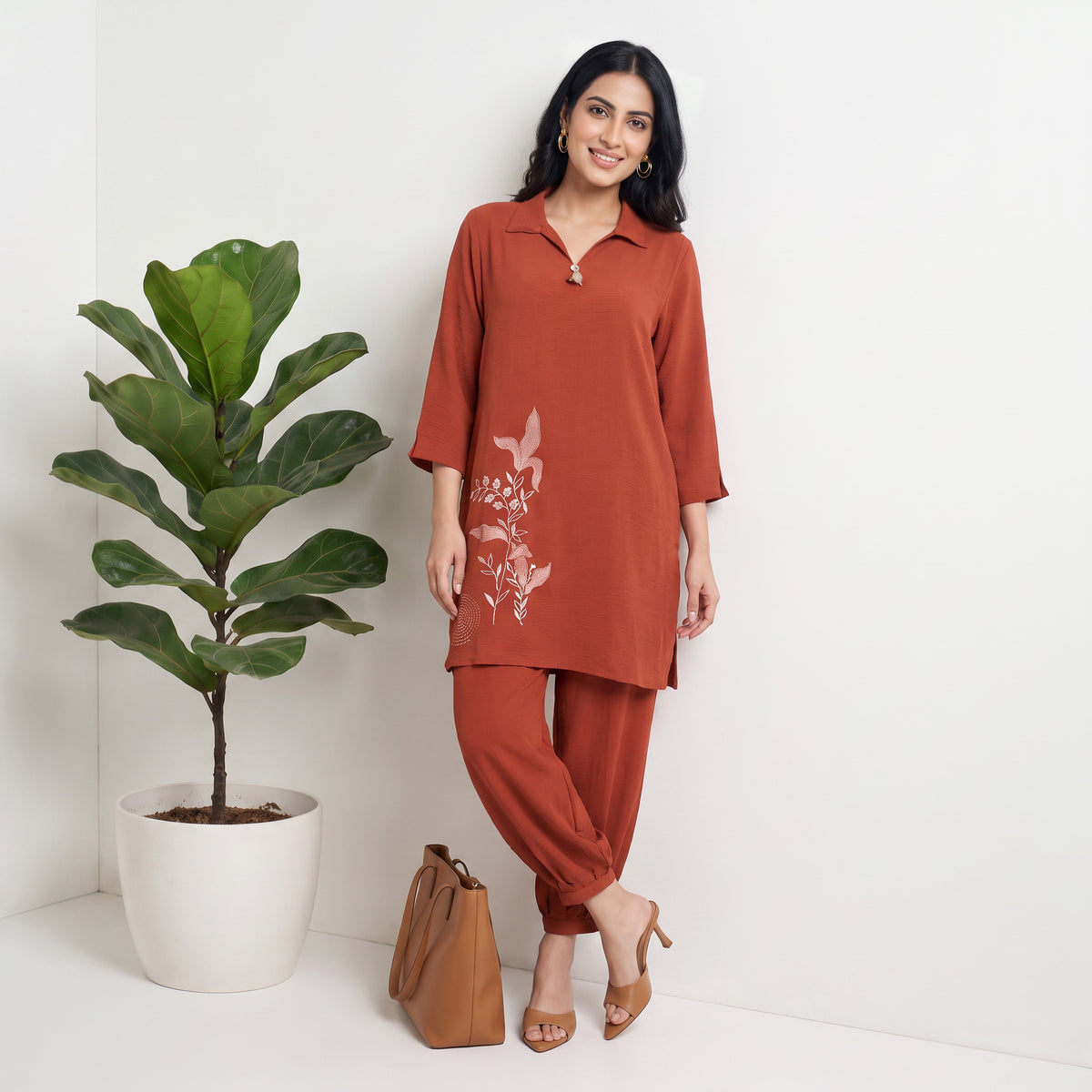 Solid Shirt Collar Straight Ethnic Sets