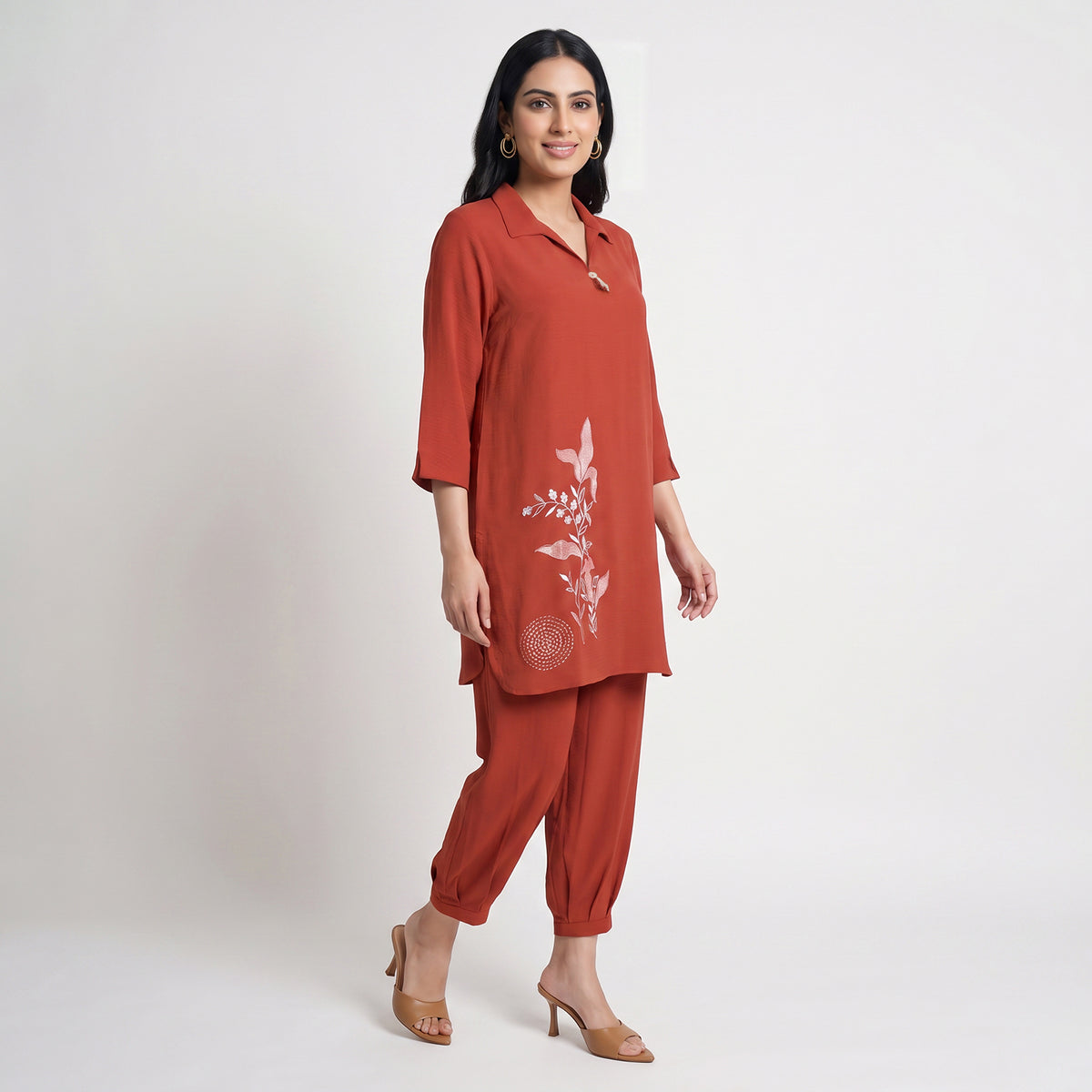 Solid Shirt Collar Straight Ethnic Sets
