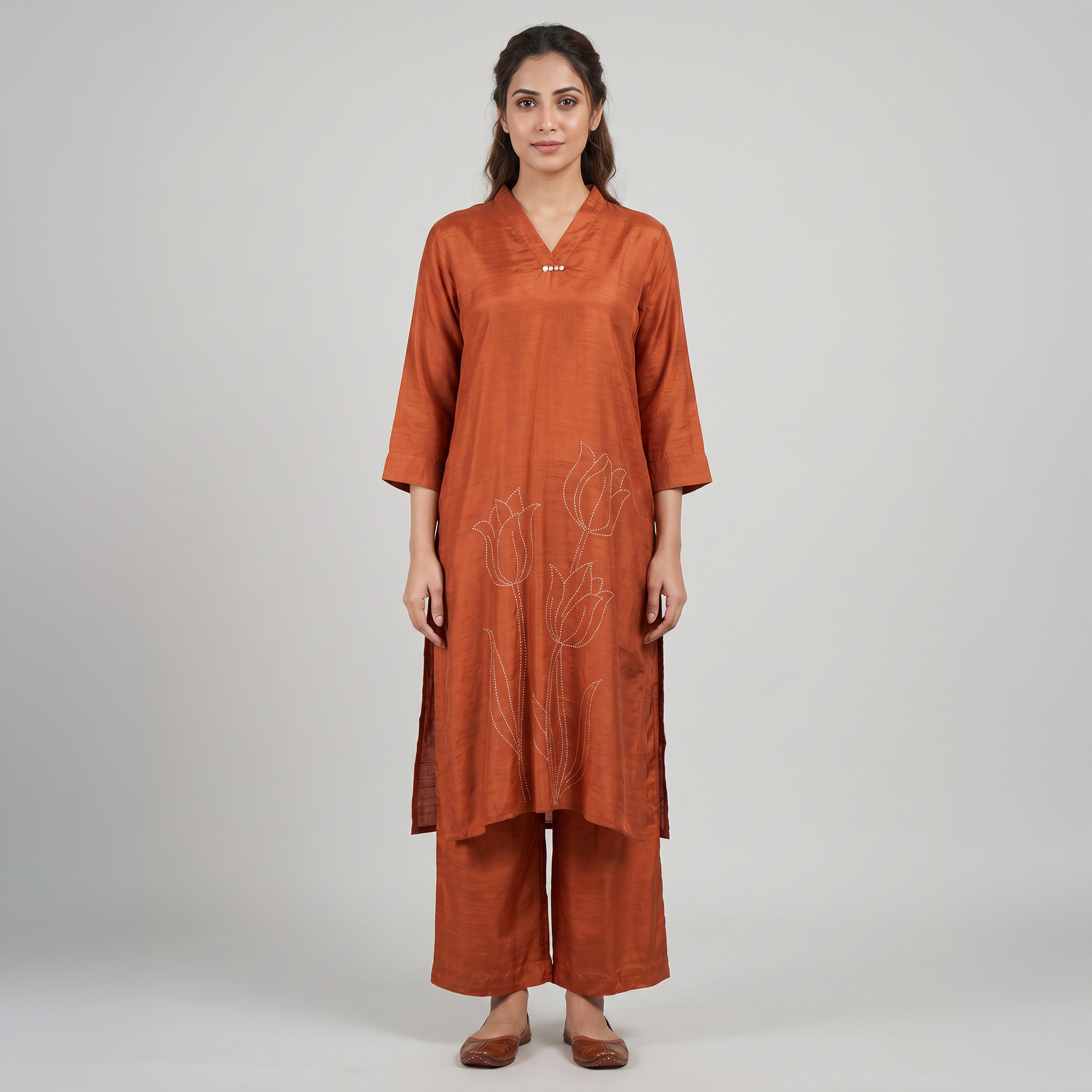 Printed V-Neck Kurta with Pant Set