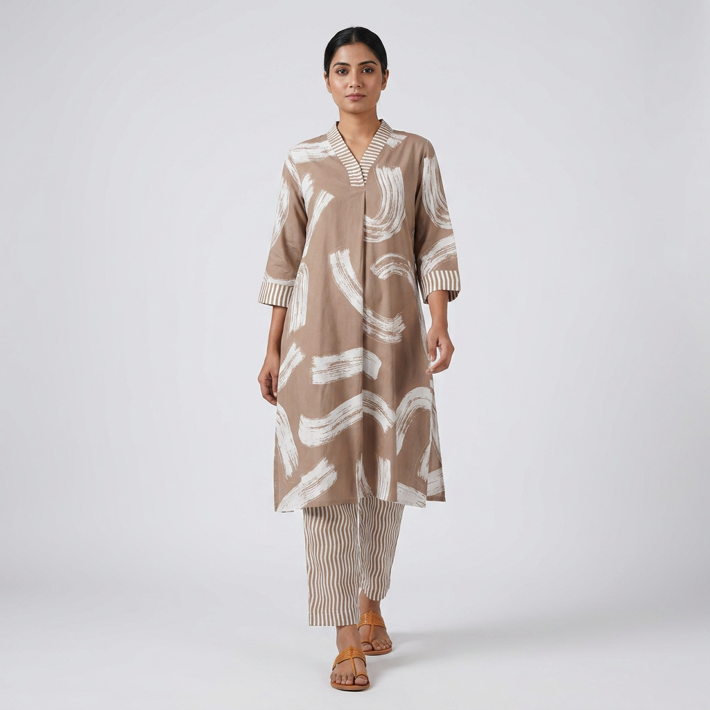 Printed V-Neck Kurta with Pant Set