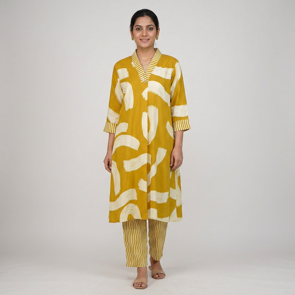 Printed V-Neck Kurta with Pant Set