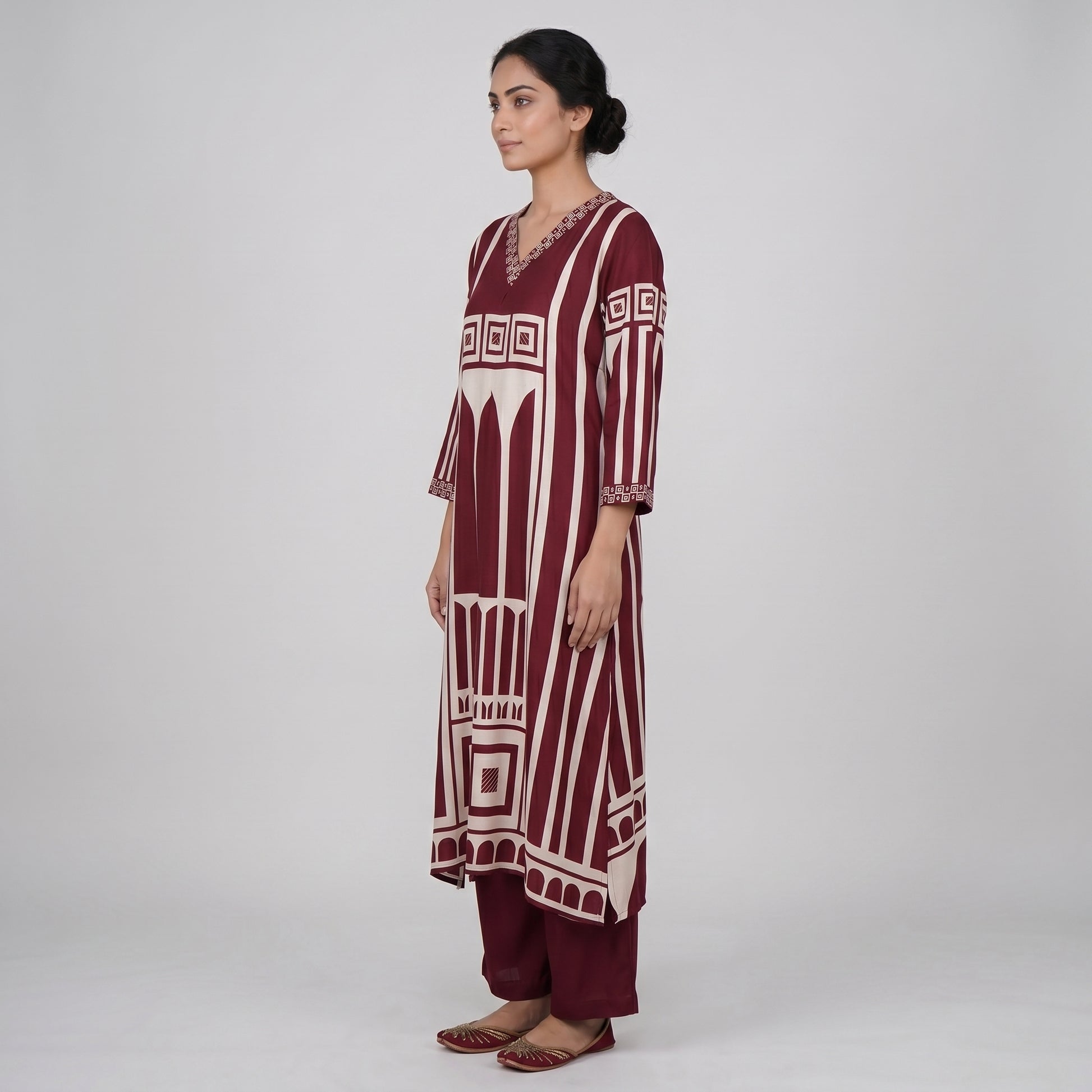 Printed V-Neck Kurta with Pant Set
