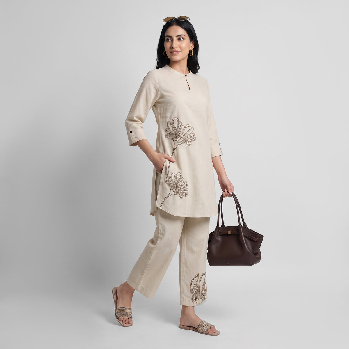 Solid Band Collar Straight Ethnic Sets