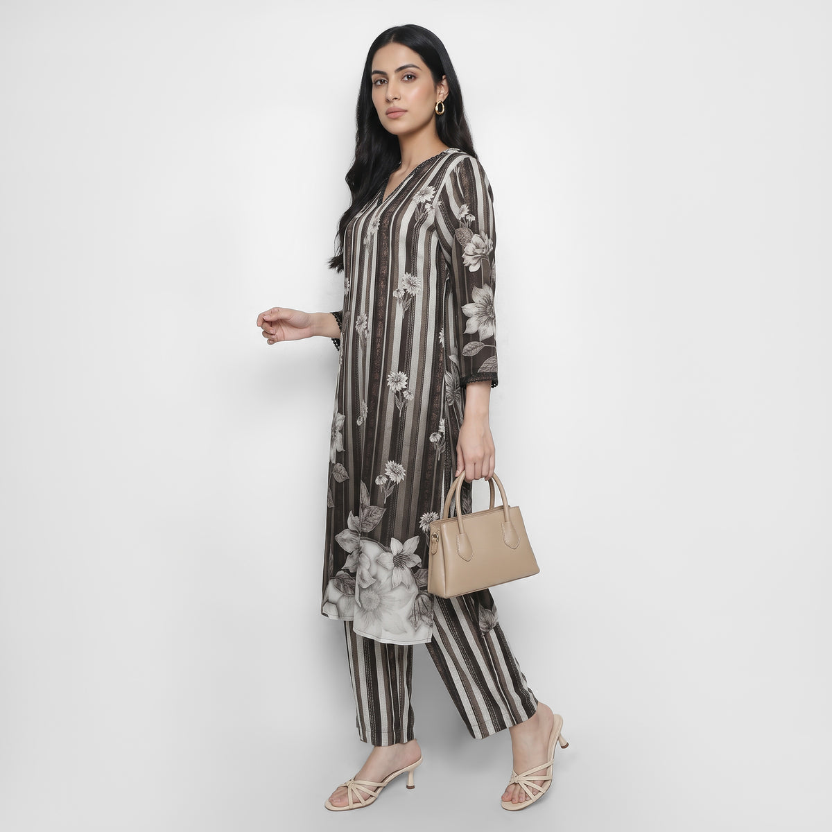 Printed V-Neck Straight Ethnic Sets