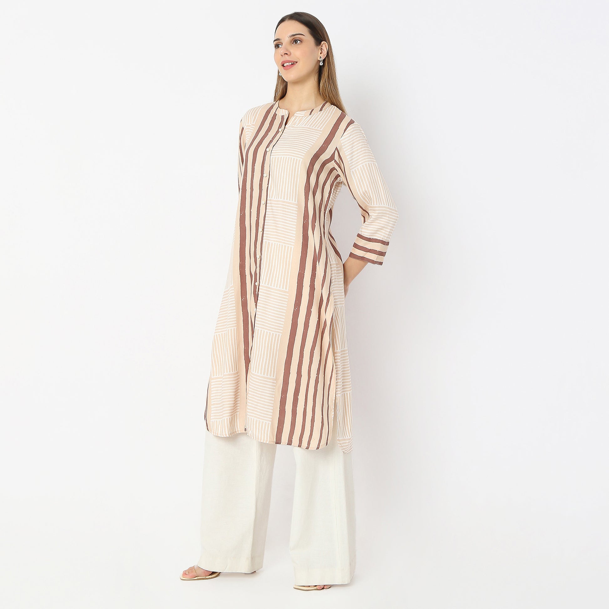 Printed Below Knee Straight Fit Band Collar Kurta