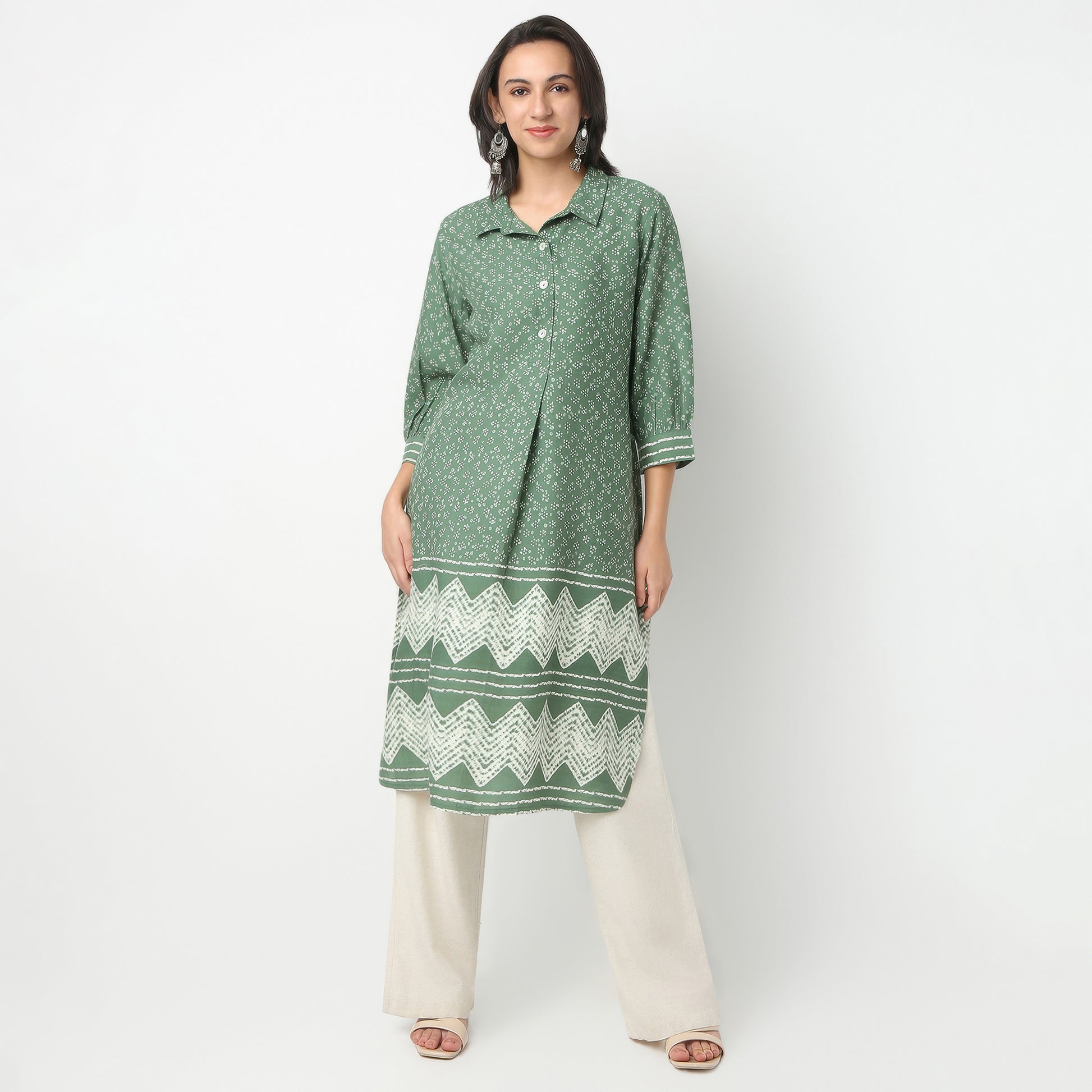 Straight Fit Printed Shirt Collar Kurta