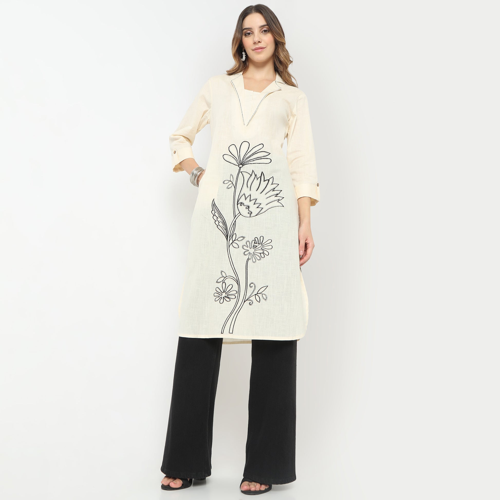 Straight Fit Embroidered Lapel Collar Kurta