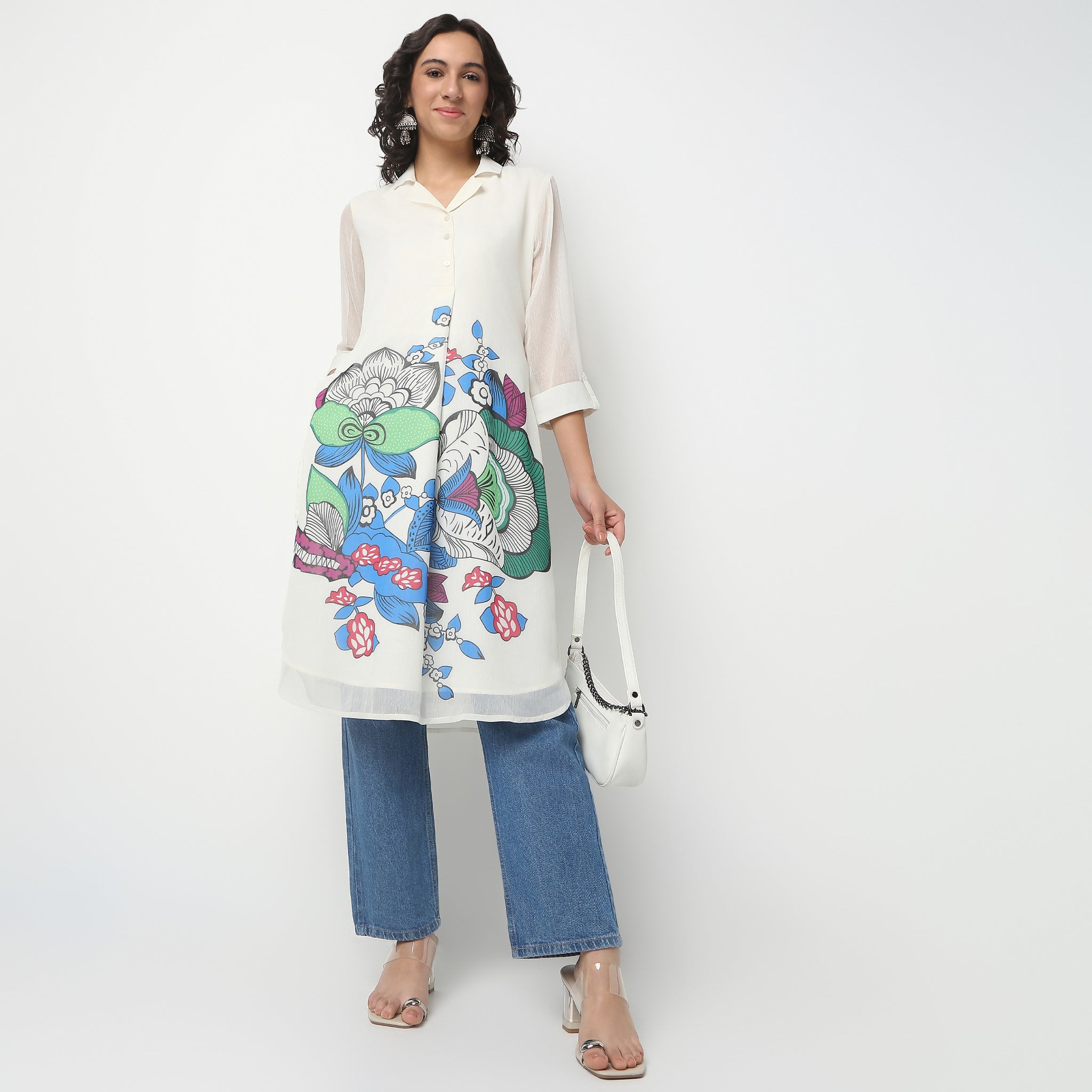 Camp Collar Knee Length Three-Fourth Sleeve Straight Fit Printed Kurta