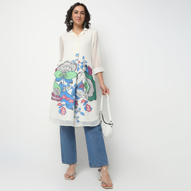 Camp Collar Knee Length Three-Fourth Sleeve Straight Fit Printed Kurta
