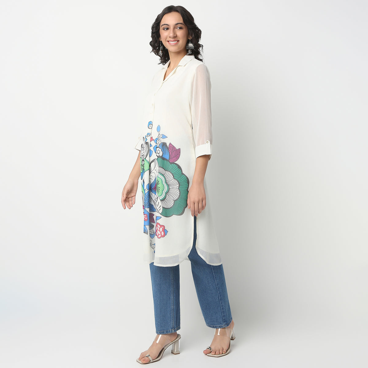 Camp Collar Knee Length Three-Fourth Sleeve Straight Fit Printed Kurta