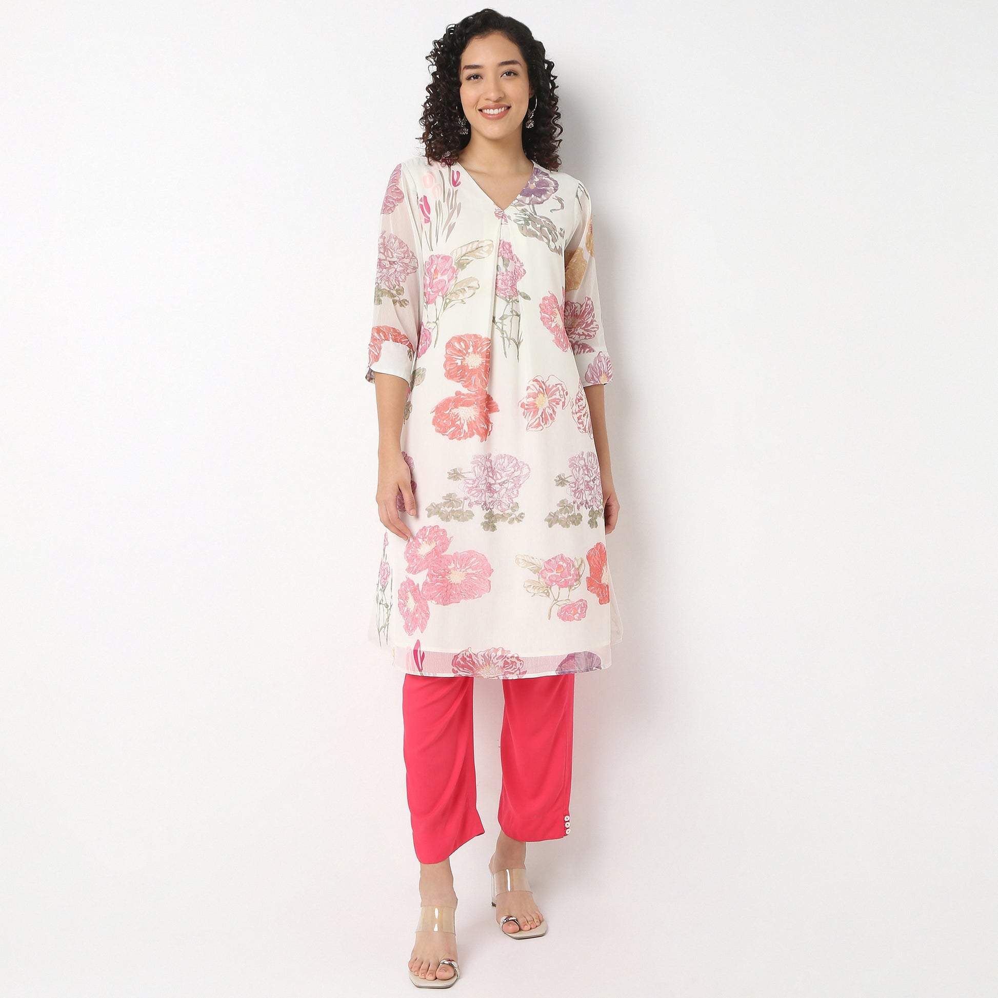 V-Neck Printed Below Knee Straight Kurta