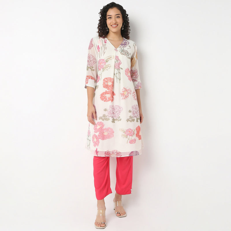 V-Neck Printed Below Knee Straight Kurta
