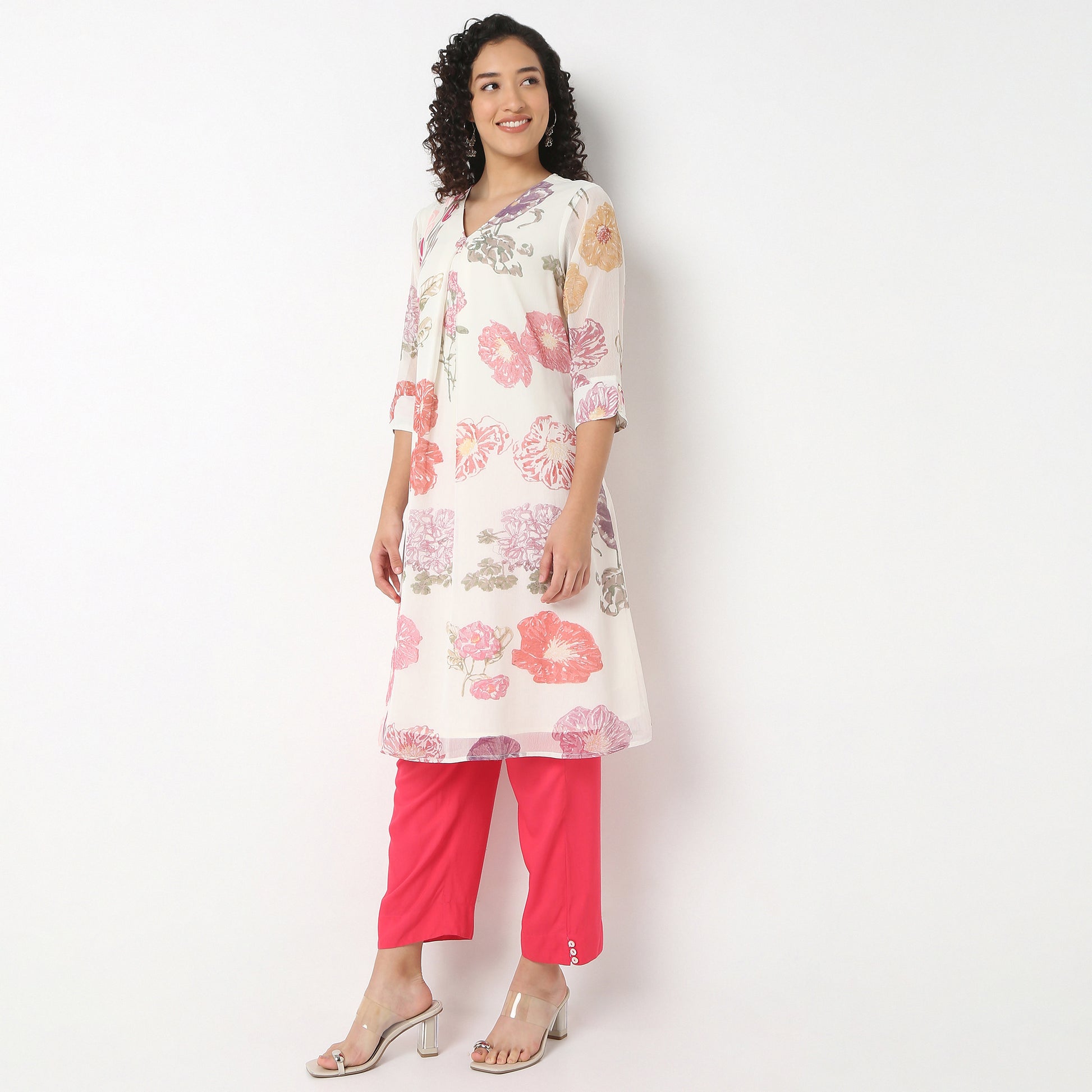 V-Neck Printed Below Knee Straight Kurta