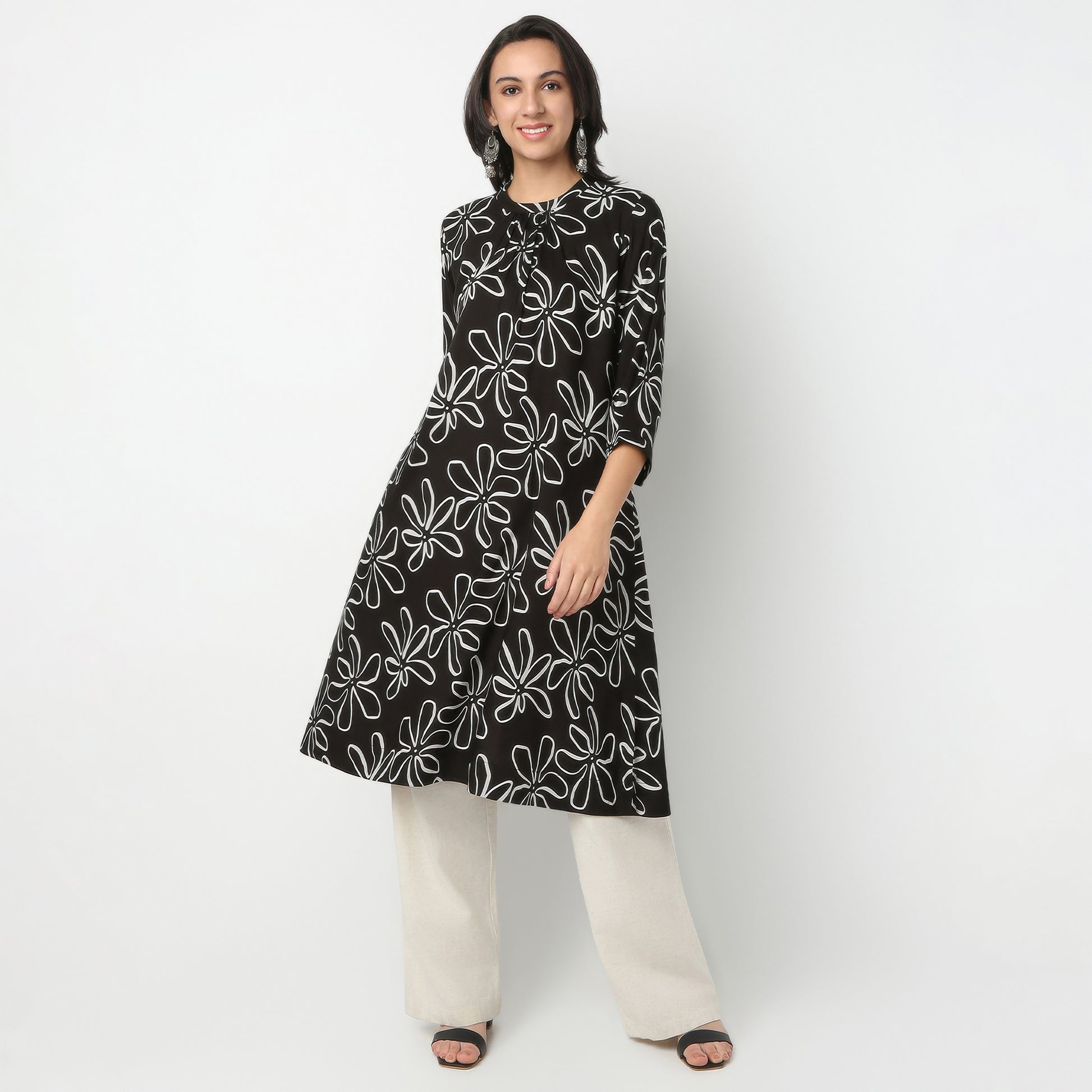 Straight Fit Printed Band Neck Kurta