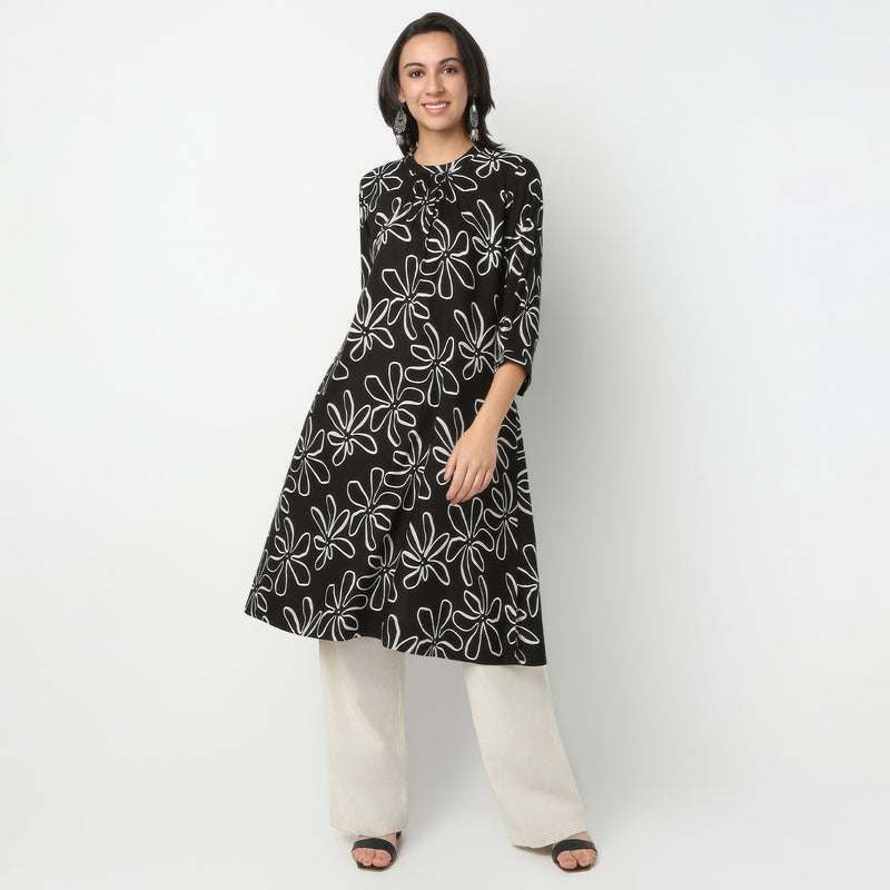 Straight Fit Printed Band Neck Kurta