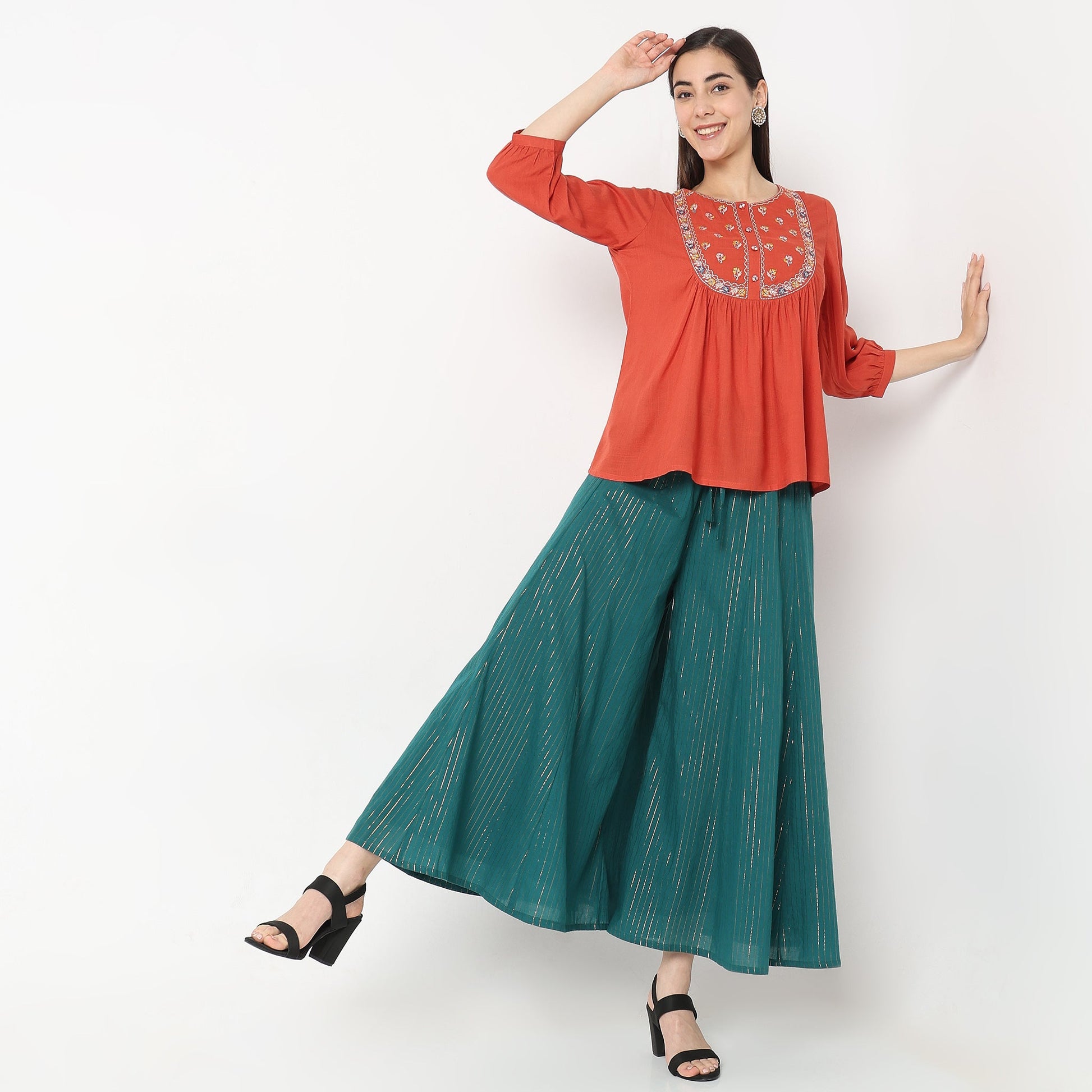 Flare Fit Striped High Rise Palazzos