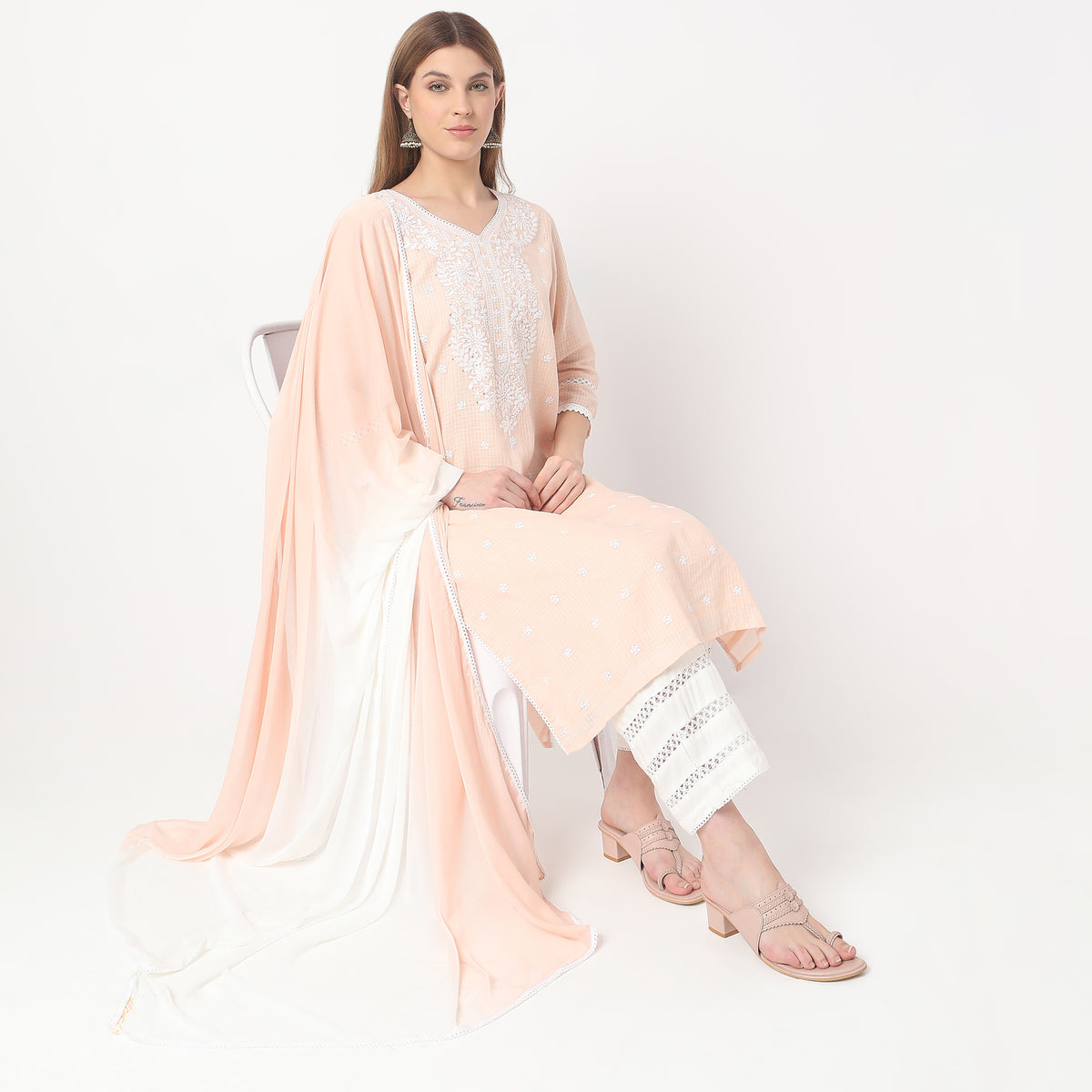 Flare Fit Embroidered Kurta with Pant & Dupatta Set