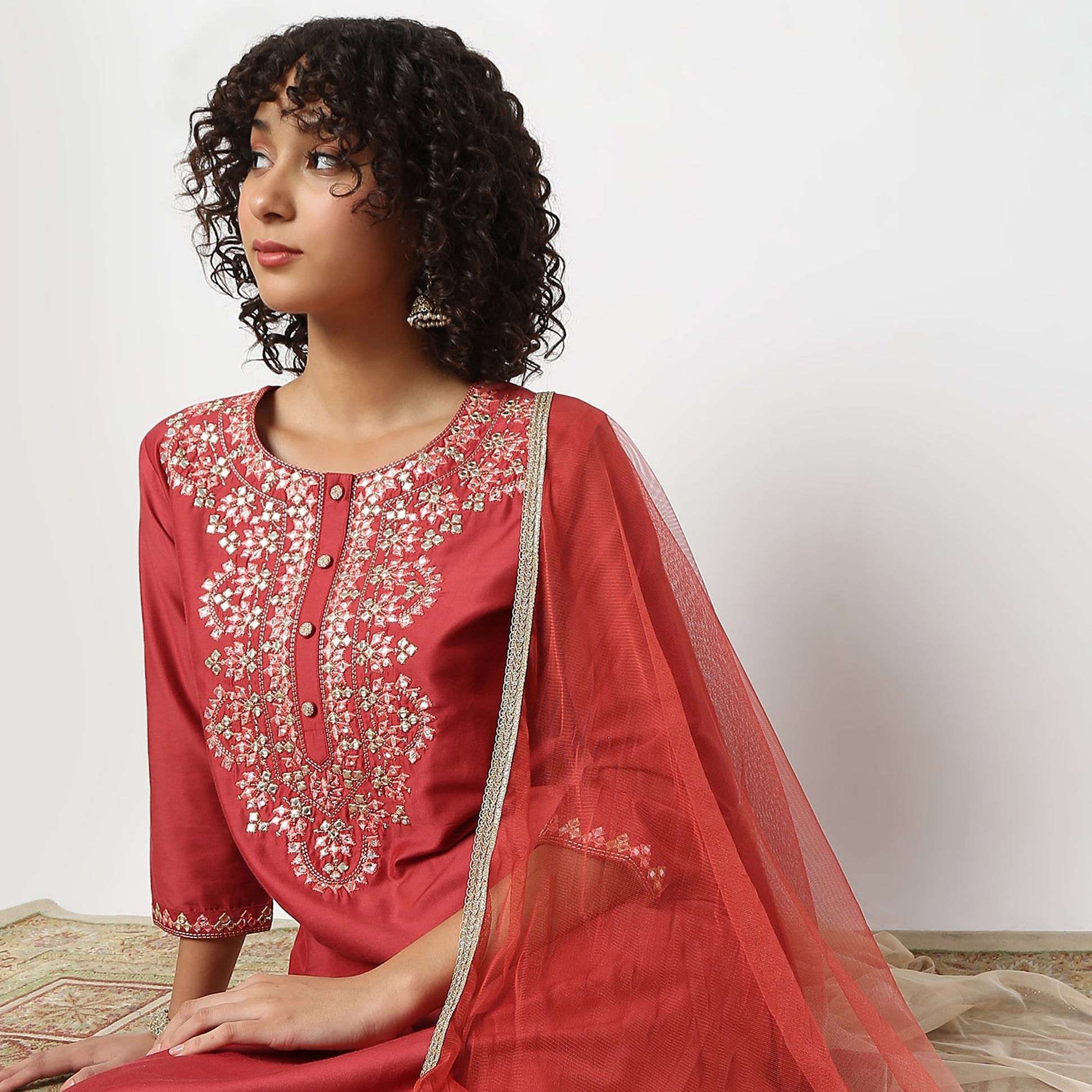 Straight Fit Embellished Kurta and Pant with Dupatta Set