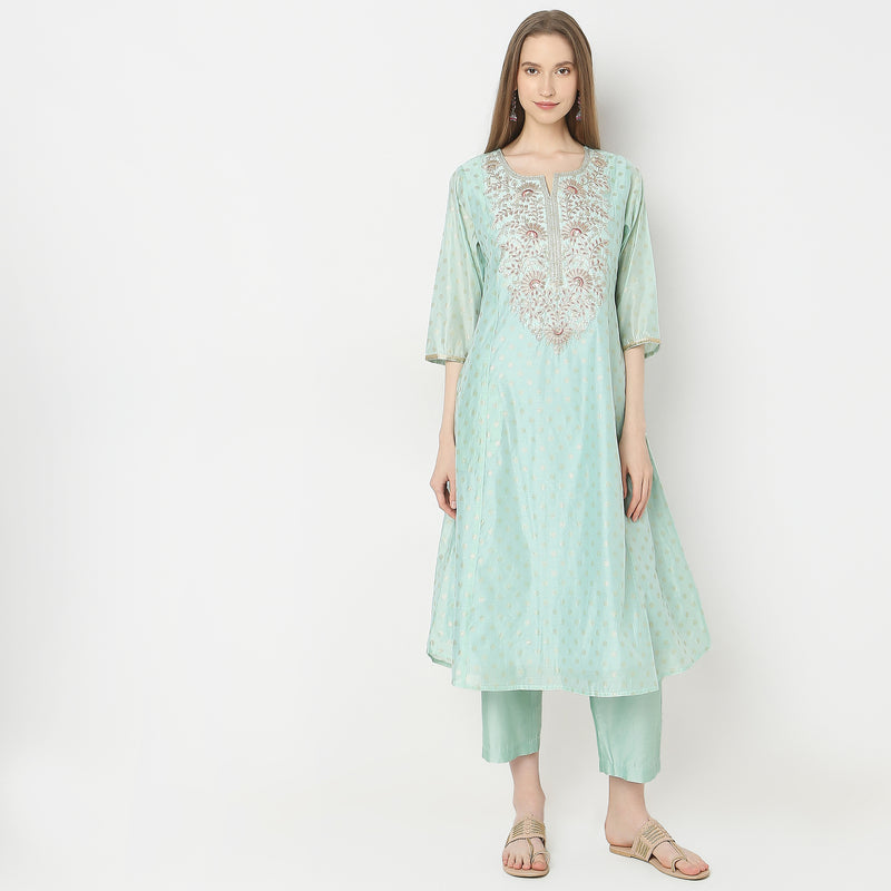 Flare Fit Embroidered Kurta with Pant & with Dupatta Set